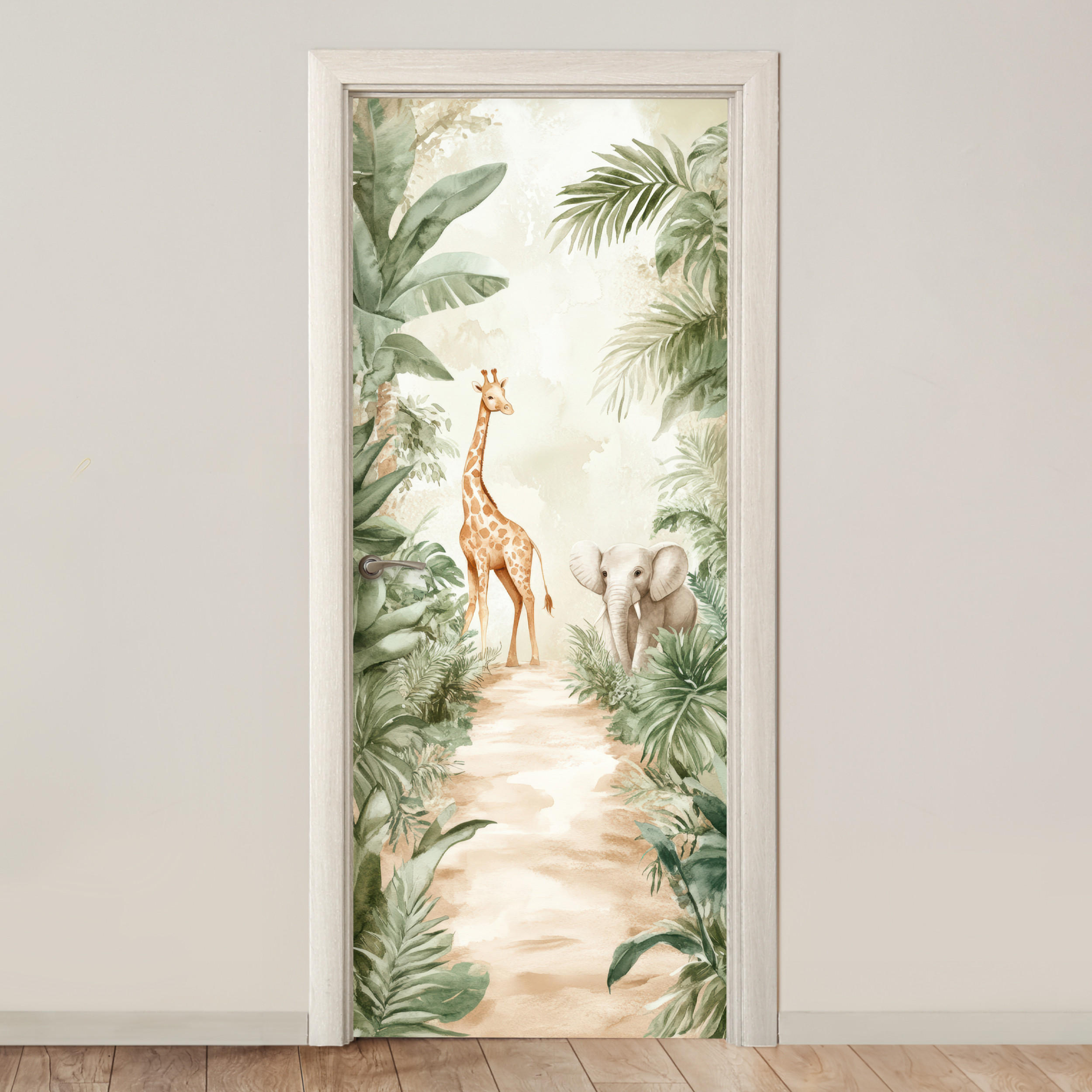 TÜRAUFKLEBER Selbstklebend - Dschungel - Giraffe - Elefant - Grün - Natur 85x205 cm - Türtapete - Eukalyptusholzfarben, Kunststoff (85/0.1cm) - MuchoWow