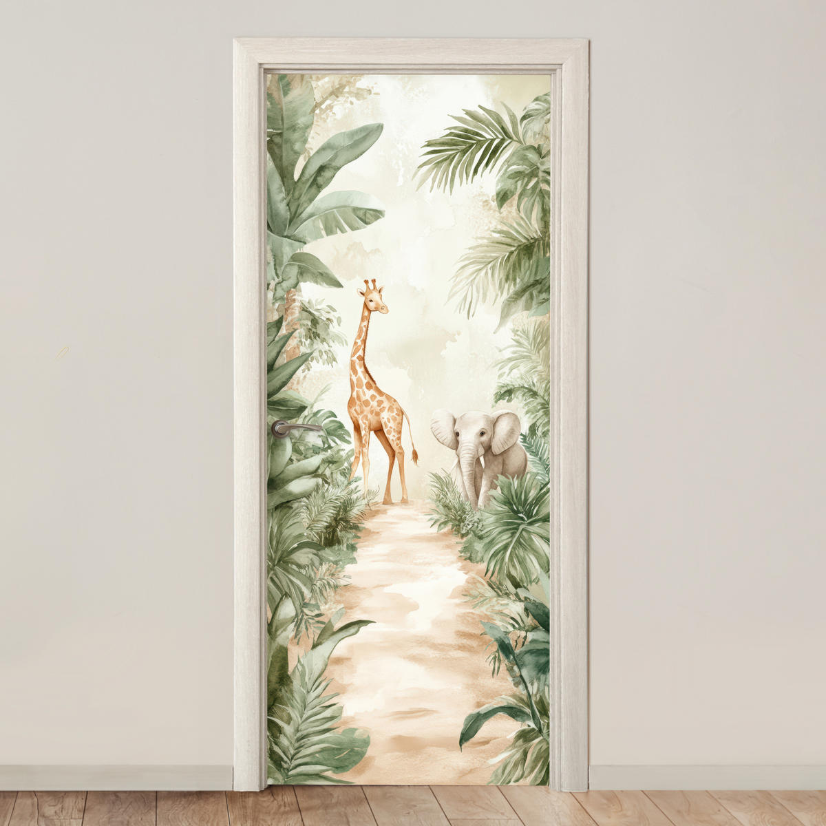 FOTOTAPETE Tür - Dschungel - Giraffe - Elefant - Grün - Natur 95x215 cm - Eukalyptusholzfarben, Kunststoff (95/0.1cm) - MuchoWow