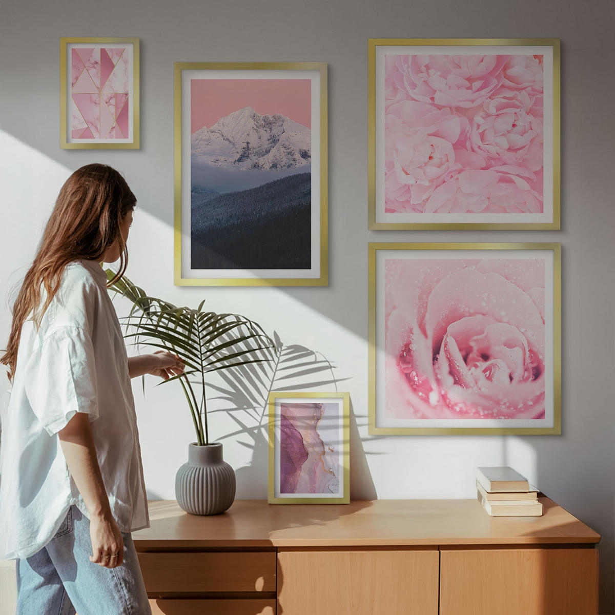 BILDER SET 5er Set - 50x50 cm & 20x30 cm & 40x60 cm Goldrahmen - Abstraktionen dekorativer Malerei - Goldfarben, Kunststoff (40/60cm) - TULUP