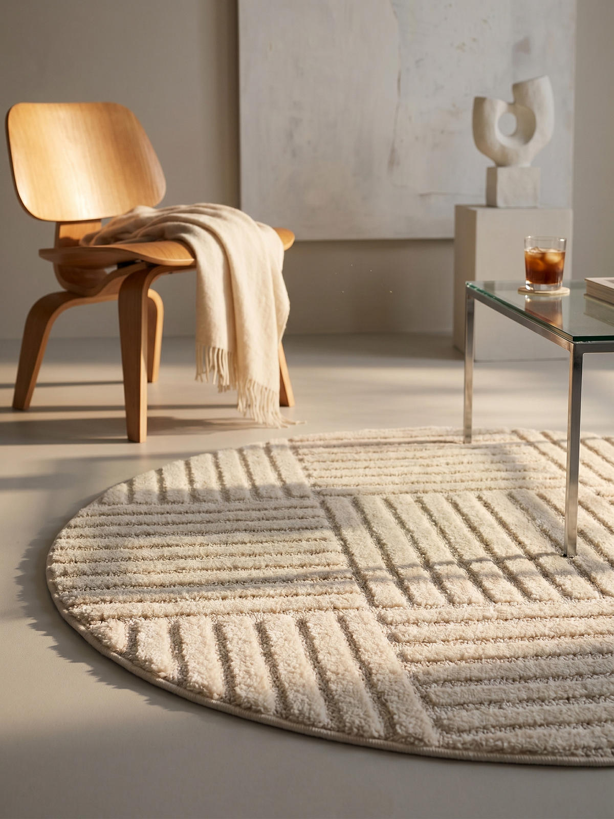 TEPPICH Hochflor RIGI in Creme, mit Cord-Streifen-Patchwork, Ø 120 cm - Beige, Textil (120/120cm) - KADIMA DESIGN
