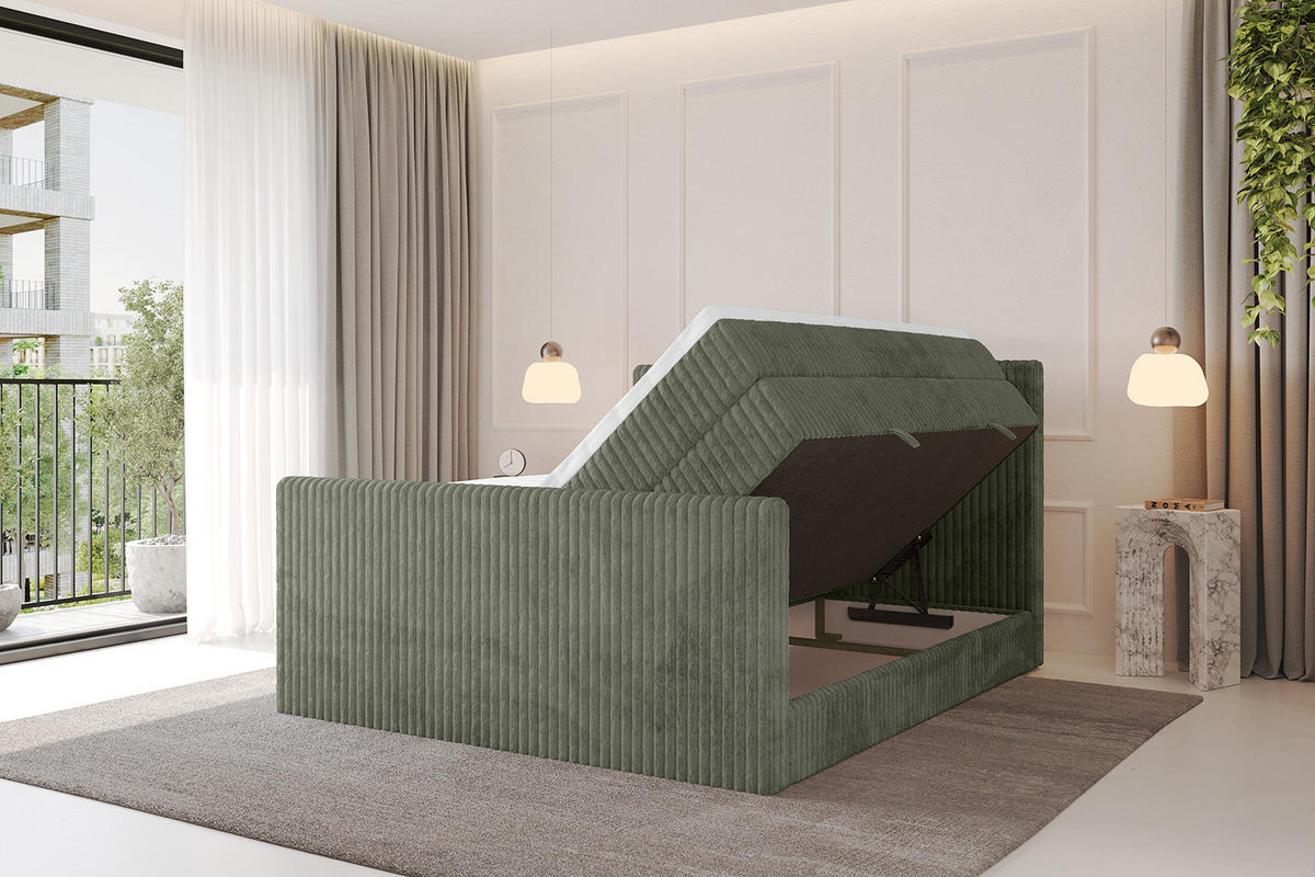 BOXSPRINGBETT mit Matratze H3|H4 und Lattenrost - TOLO-Z KING 200x200 Cord - Olive - Olivgrün, Holzwerkstoff (200/200cm) - ALTDECOR