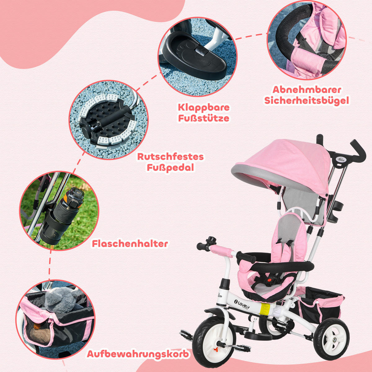 6-IN-1 Dreirad mit Schubstange, Kinderdreirad mit abnehmbarem Sonnendach Rosa - Rosa, Metall (95/50/106cm) - HOMCOM