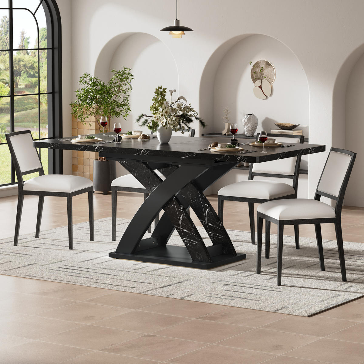 ESSTISCH 120-160/80/75 cm in Schwarz-Weiß, ausziehbar mit X-Gestell - Schwarz, Holzwerkstoff (120/80/75cm) - Flora Grace