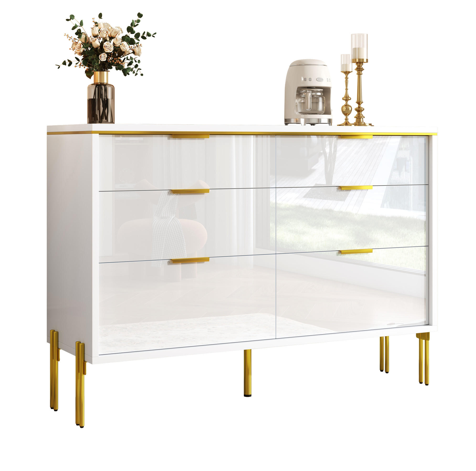 SIDEBOARD 120/40/85,5 cm mit 6 Schubladen und Hochglanzfronten, Weiß - Weiß, Holzwerkstoff (120/85.5/40cm) - Redom