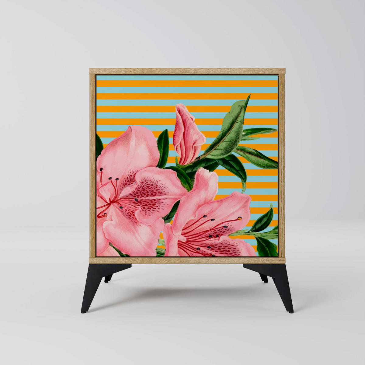 SIDEBOARD FRAGILE BEAUTY, Eichefarben, 57,5x42x67,5 cm, Schwarze Metall-Rahmenfüße - Eichefarben/Multicolor, Holzwerkstoff/Metall (57.5/67.5/42cm) - SpaceRebels