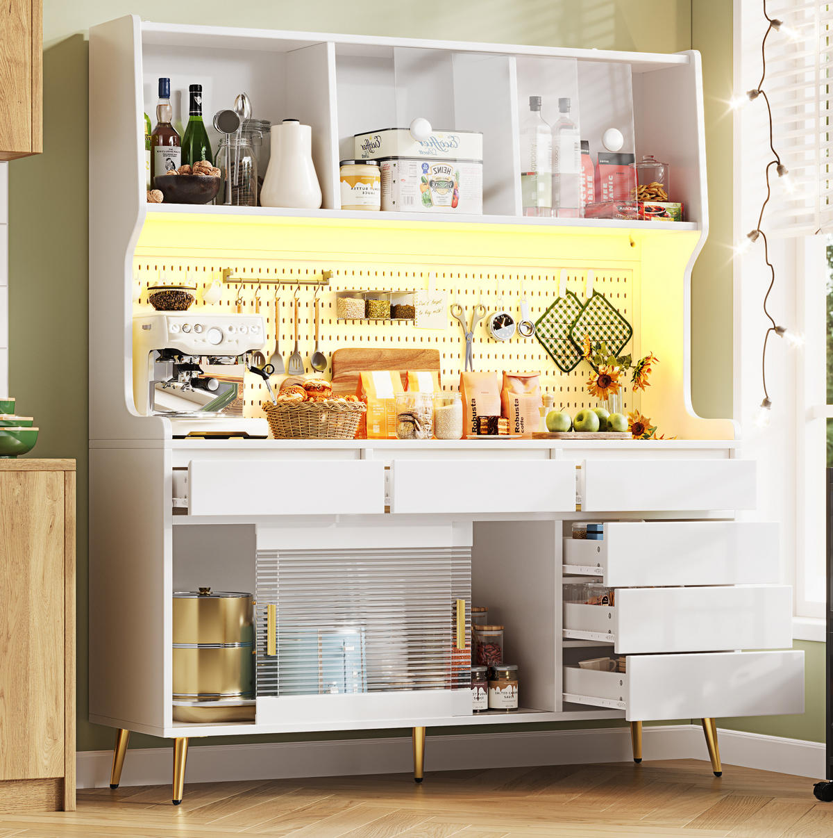 BUFFET 145/39/171 cm in Weiß mit LED-Beleuchtung und Schiebetüren - Weiß, Holzwerkstoff (145/171/39cm) - Flora Grace