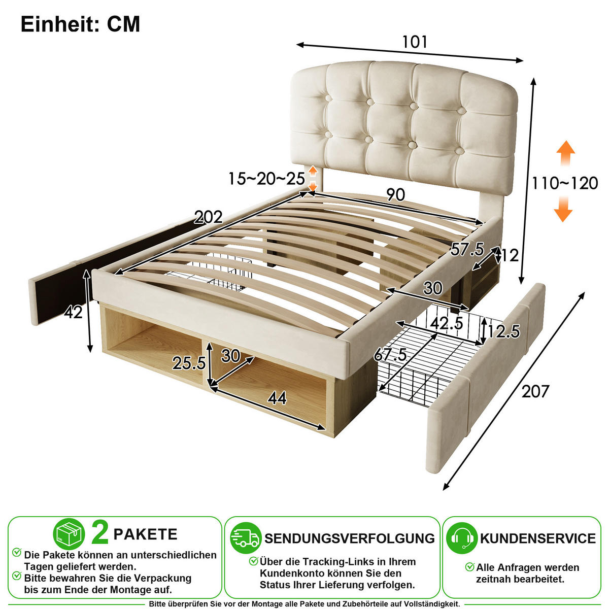 POLSTERBETT 90/200 cm in Beige Samt mit Schubladen, Stauraum und höhenverstellbarem Kopfteil - Beige, Holzwerkstoff/Textil (90/200cm) - CHICFURN