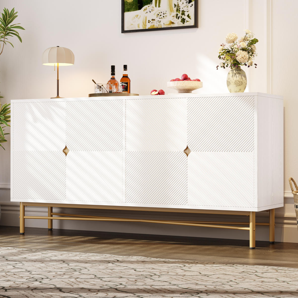 SIDEBOARD 160/40/82 cm mit 4 Türen in Weiß mit Strukturfronten & goldfarbenen Details - Weiß, Holzwerkstoff (160/82/40cm) - BEAOK