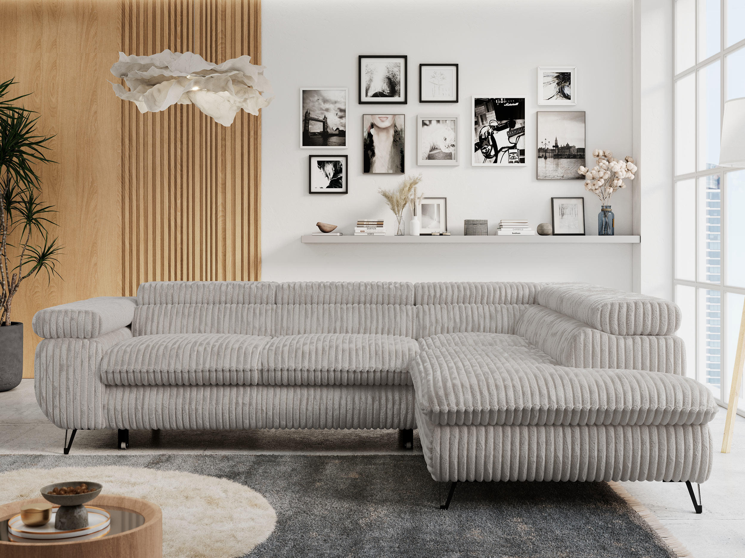 ECKSOFA PETER L Hellgrau Cord - Rechts Seite - Hellgrau/Schwarz, Textil/Metall (273/208cm) - MKS