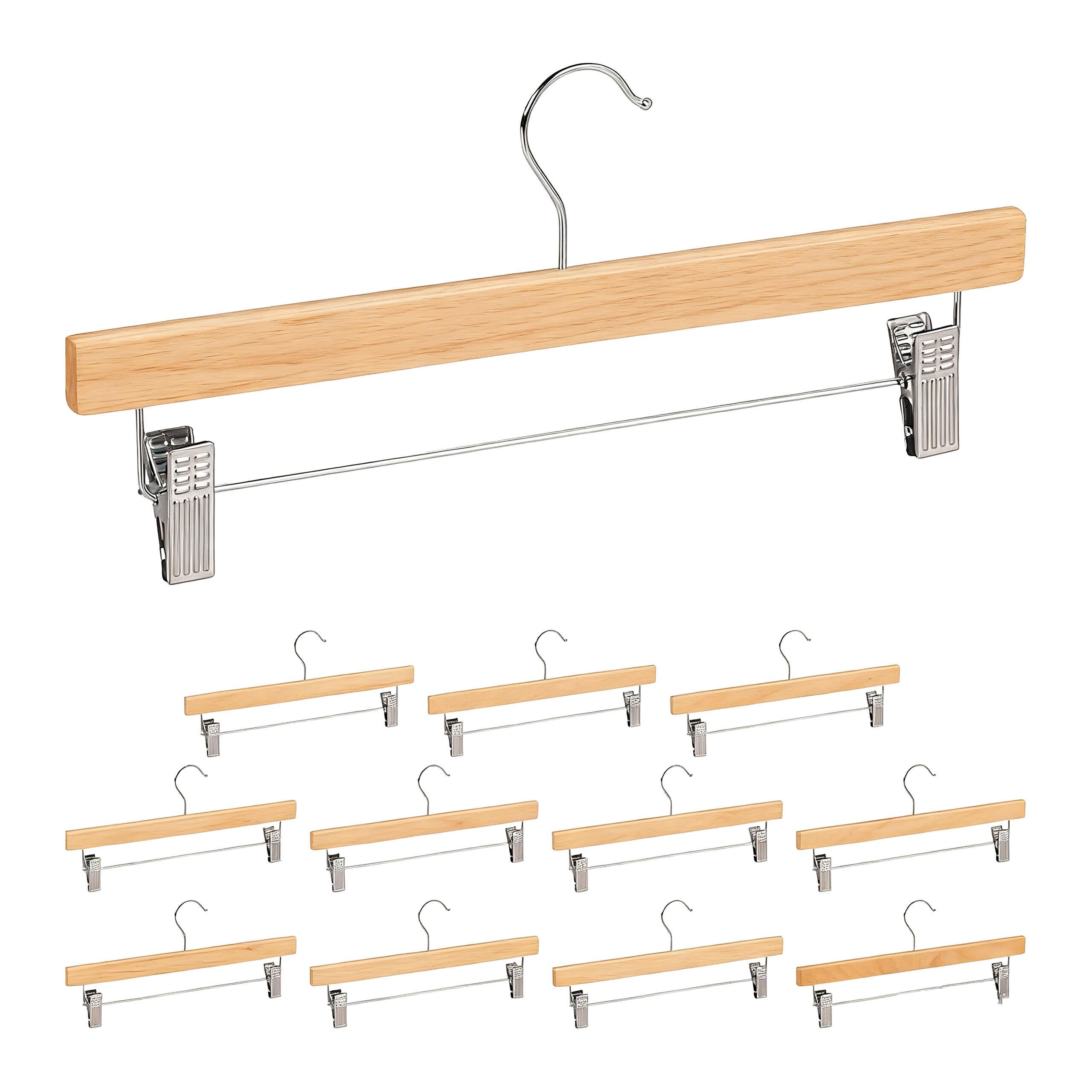 HOSENBÜGEL Natur 12er-Set Holz mit Klammern 35,5 cm - Hellbraun, Holz/Metall (35.5/16/2.5cm) - Relaxdays