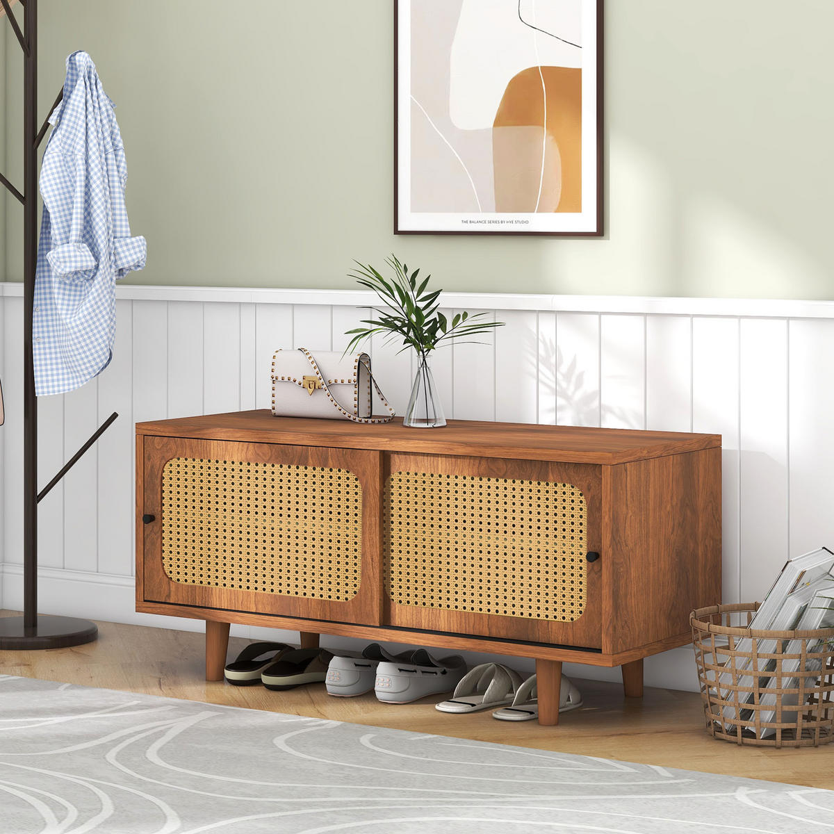 SCHUHSCHRANK aus Spanplatte 104x40x48cm in Walnuss mit Rattan-Türen - Walnussfarben, Holzwerkstoff (104/48/40cm) - Modfu