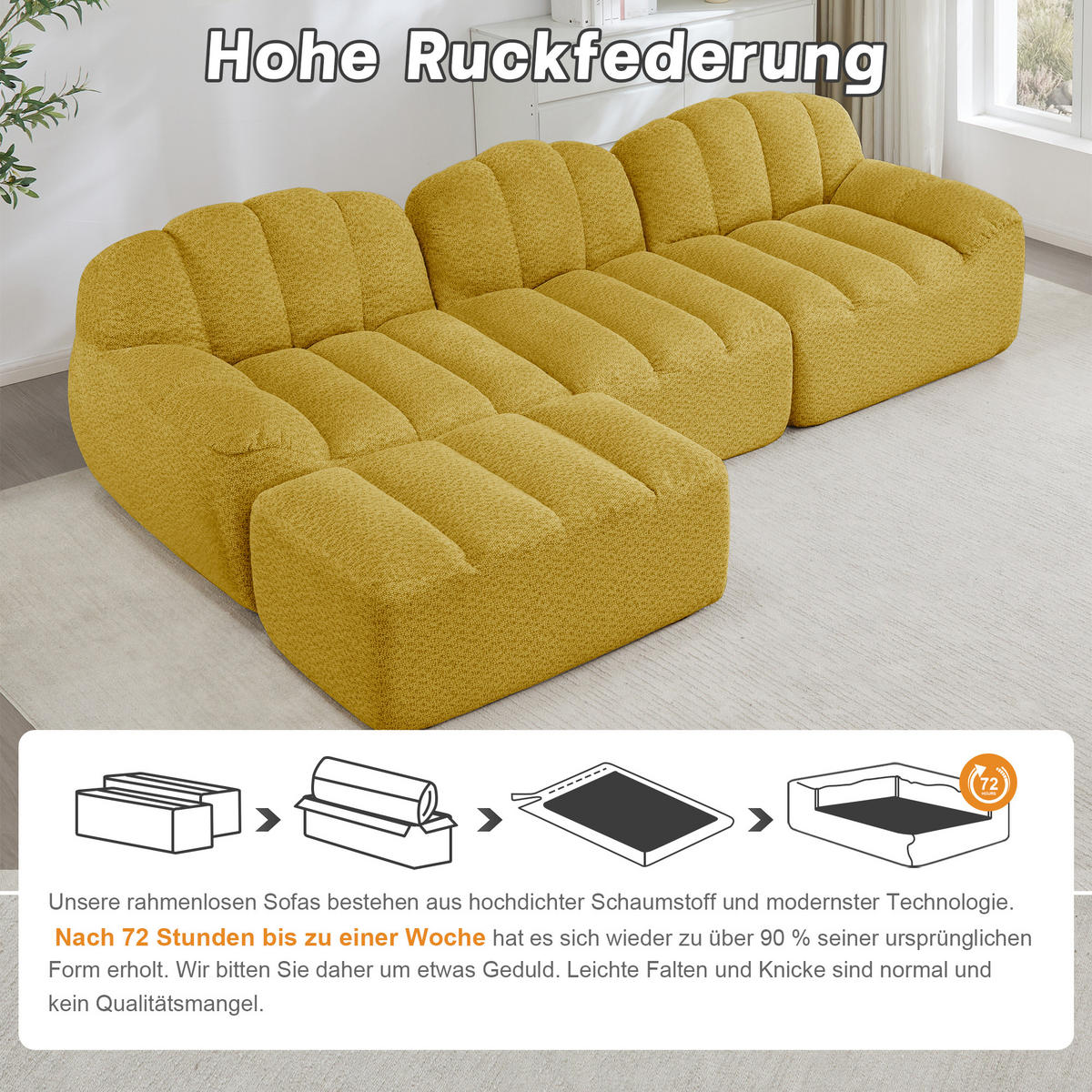 ECKSOFA 288/165/79 cm Gelb Granulatvlies mit 1 Fußhocker - Gelb, Textil (288/165cm) - Oxeza