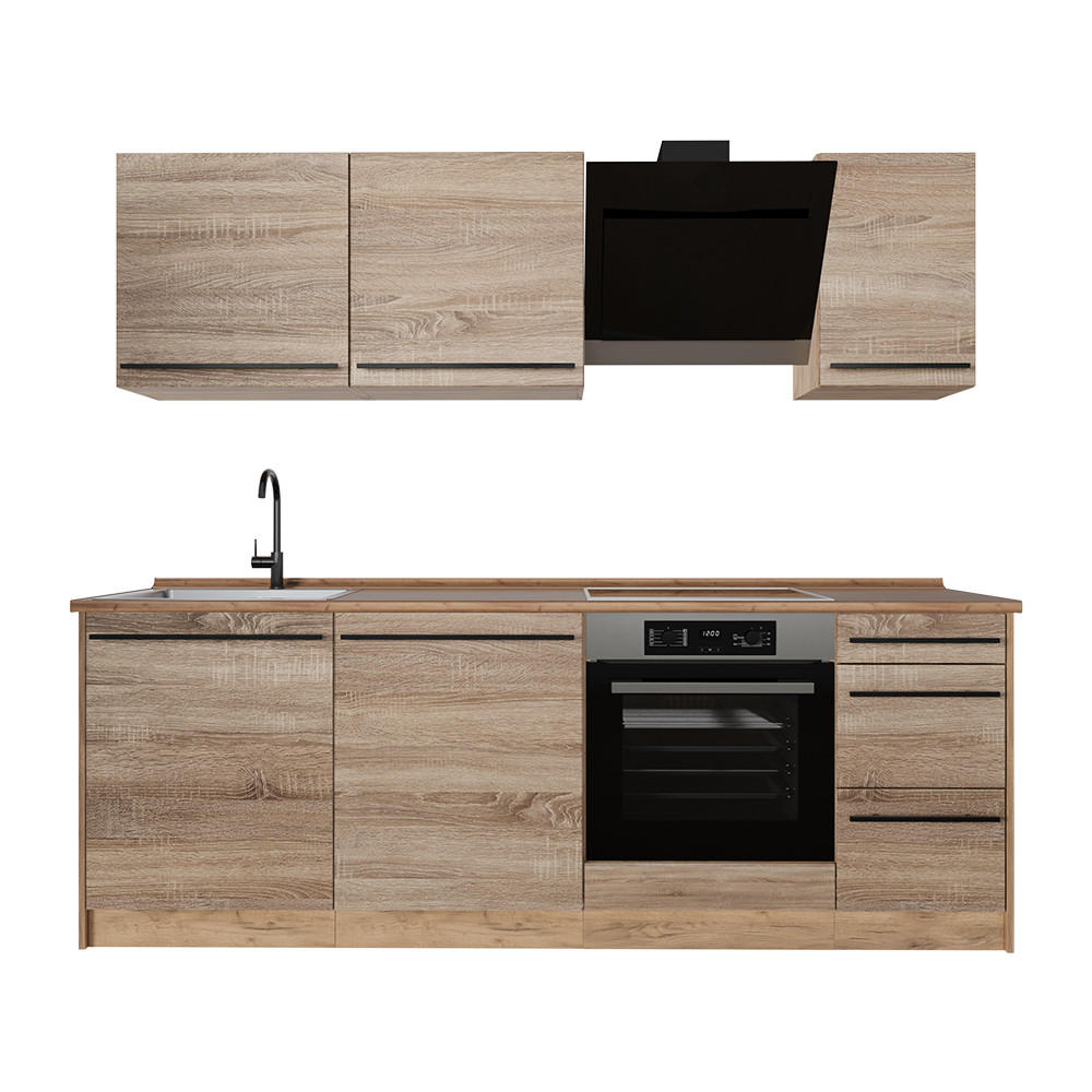 KÜCHENZEILE R-Line, Sonoma/Goldkraft Eiche, 220 cm Arbeitsplatte Goldkraft Eiche - Honigeiche/Sonoma Eiche, Holzwerkstoff (220/81.6/60cm) - Vicco