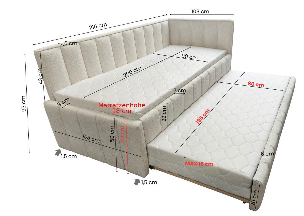 POLSTER-KINDERBETT LUKA 90x200 cm, links, mit Ausziehbett – Grau - Grau, Textil - KS Home Concept
