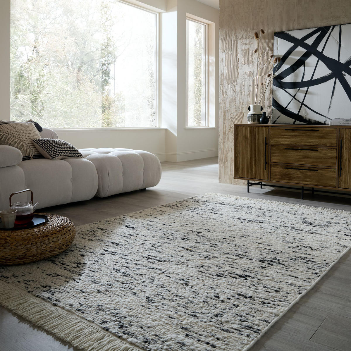 TEPPICH aus Wolle handgewebt mit Fransen TIREE in Schwarz, gestreift, 140 x 200 cm - Schwarz, Textil (200/140cm) - KADIMA DESIGN