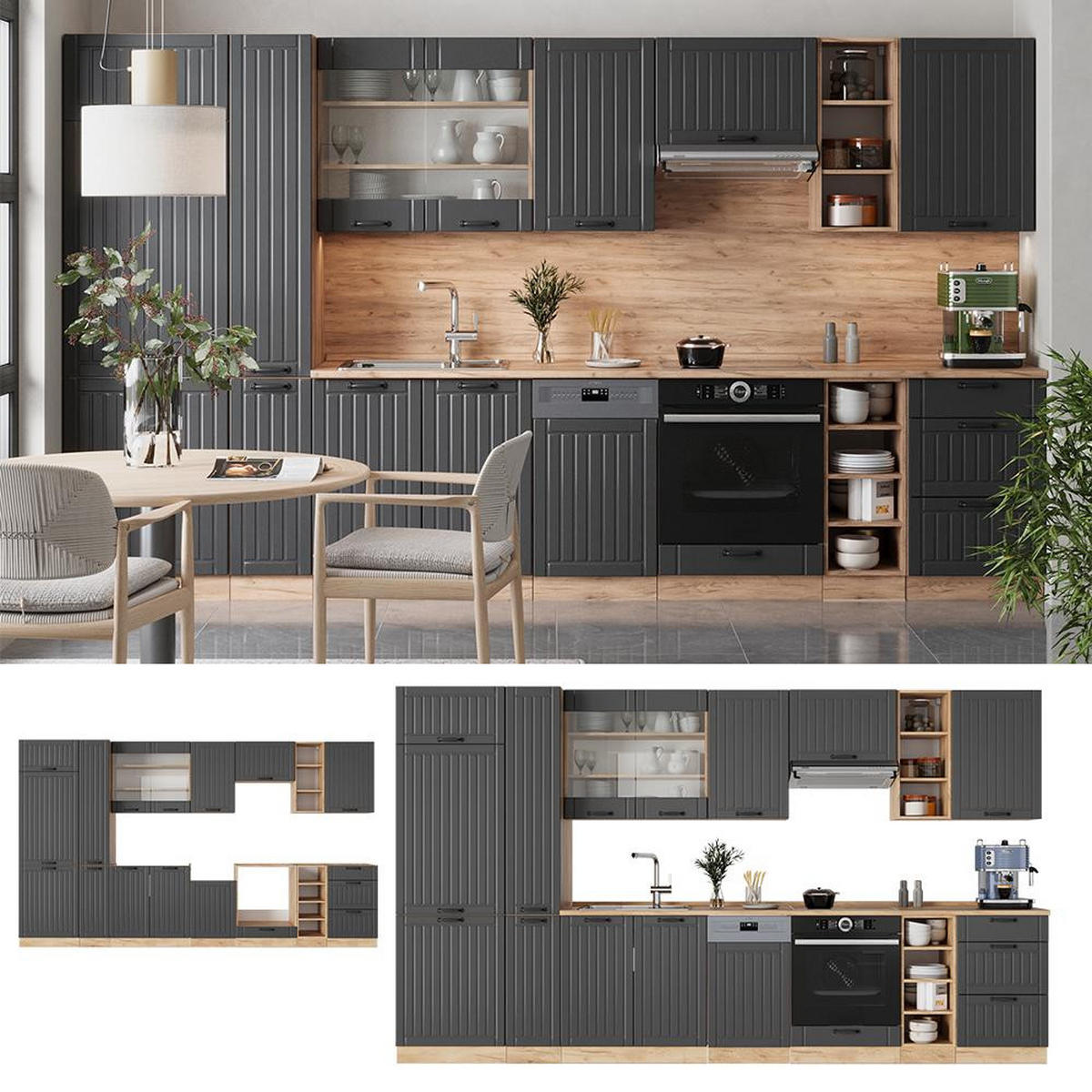CHICINETĂ Fame-Line Gri închis 355 cm fara blat - stejar miere/gri închis, compozit lemnos (355/206.8/51.6cm) - Vicco