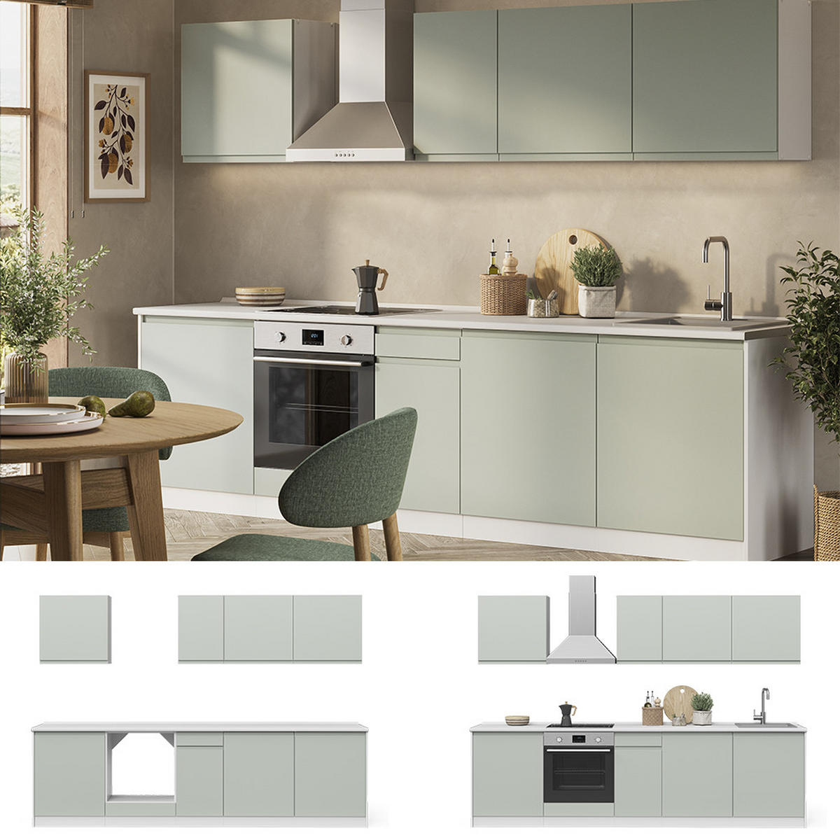 KÜCHENZEILE R-Line, Pastellgrün/Weiß, 280 cm Arbeitsplatte Satin - Pastellgrün/Weiß, Holzwerkstoff (280/206.8/60cm) - Vicco