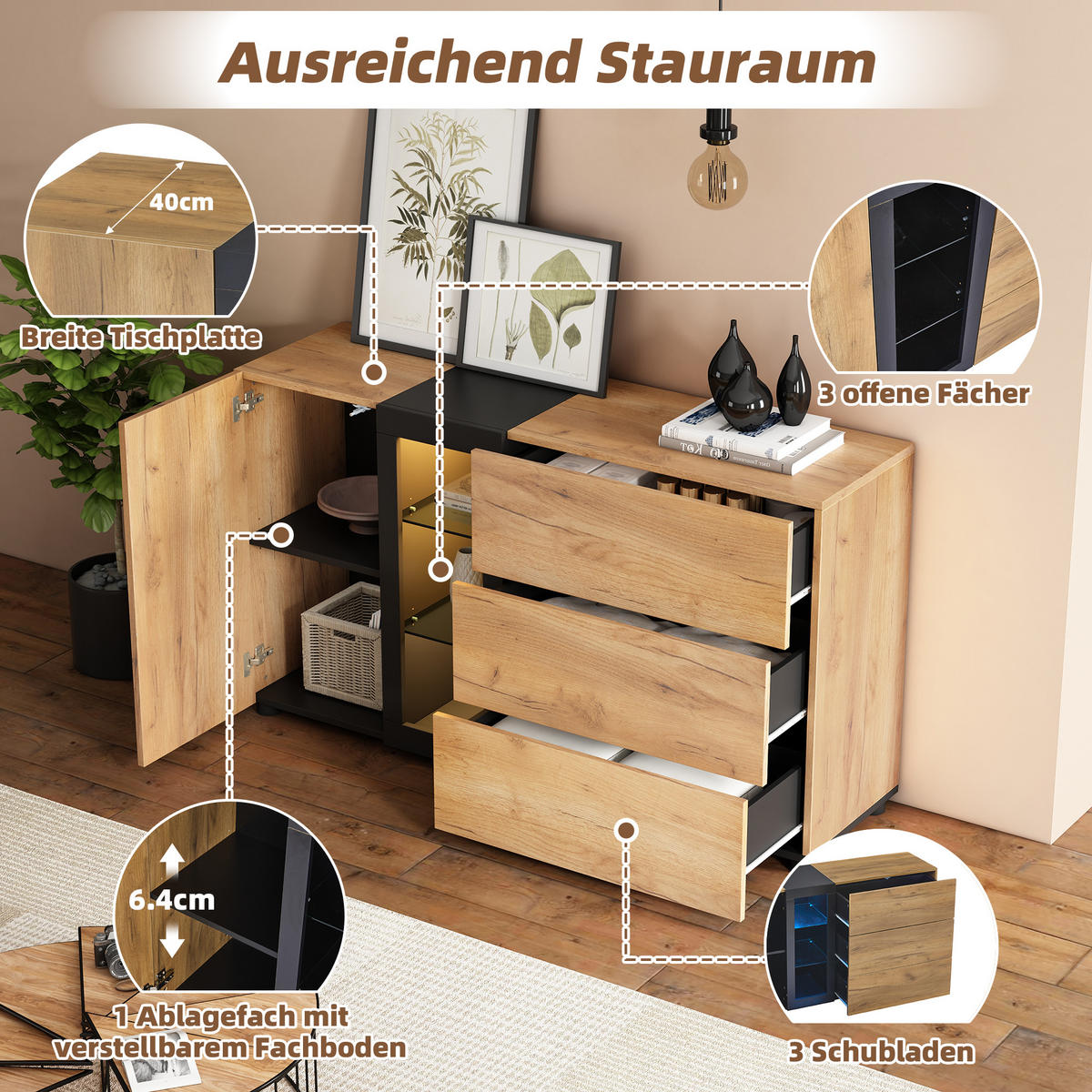 SIDEBOARD Glas 3 Schubladen 140cm Modern Stauraum Anrichte - Multicolor, Holzwerkstoff (40/80/140cm) - FLIEKS