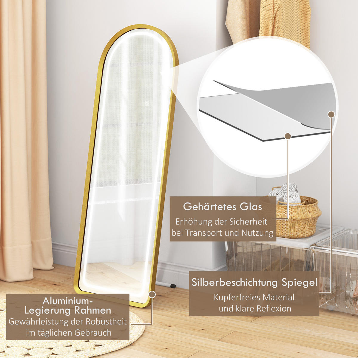 STANDSPIEGEL mit LED-Leuchte, Touch-Schlater, für Wohnzimmer, Schlafzimmer, Gold - Goldfarben, Glas (50/4/151.5cm) - HOMCOM
