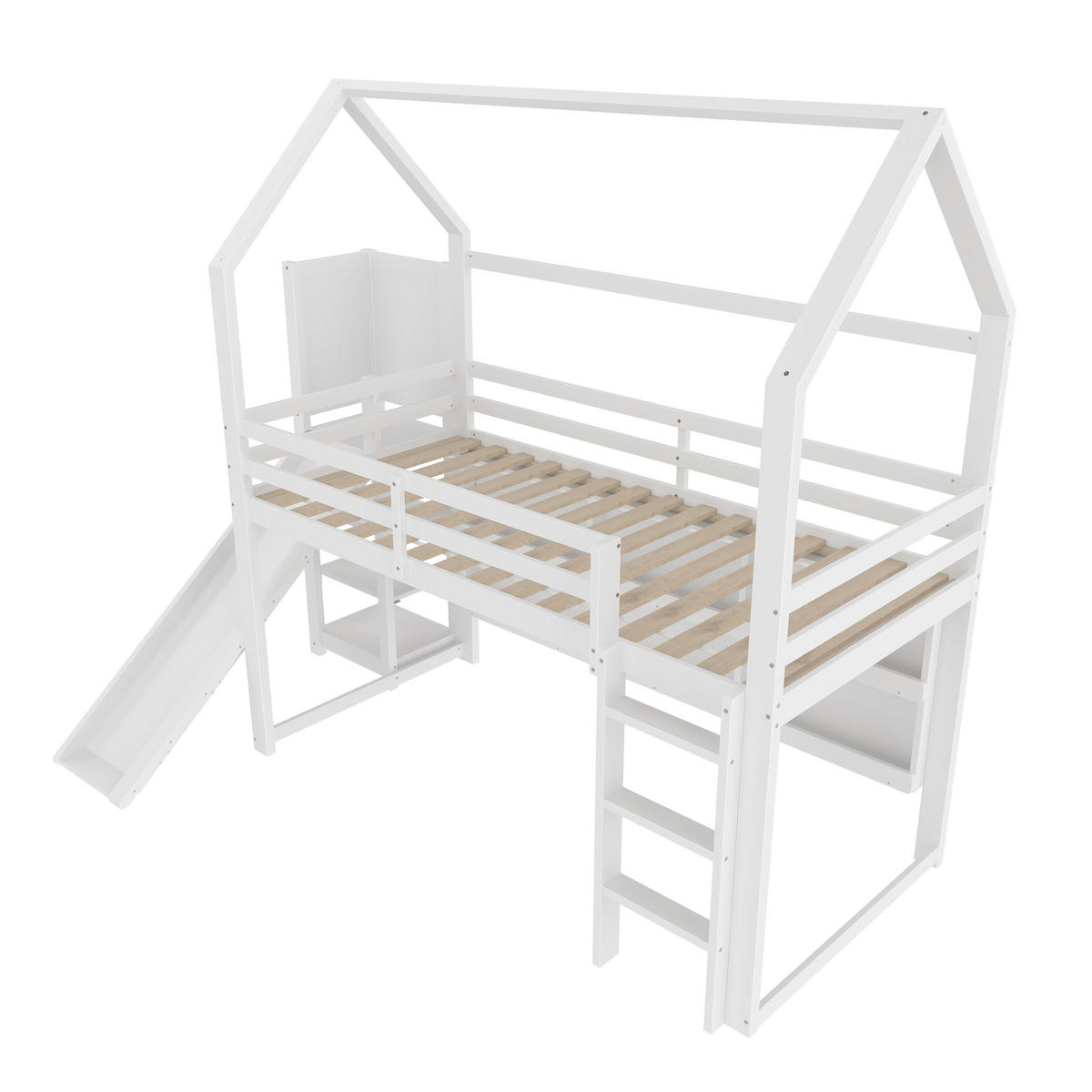HOCHBETT 90/200 cm in Weiß mit Rutsche, Regal und LED im Haus-Design - Weiß, Holz (90/200cm) - STILVORA