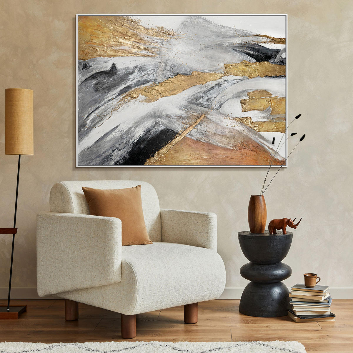 GEMÄLDE Goldene Symphonie II Schattenfugenrahmen Weiß 120x80 cm - Weiß, Holz (120/80cm) - YS-art gallery