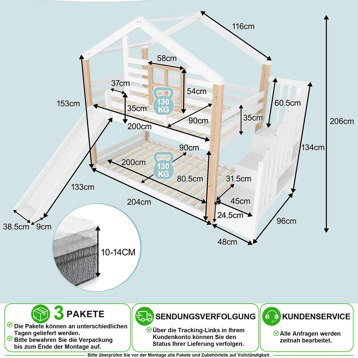 ETAGENBETT 90/200 cm & 90/200 cm in Weiß & Natur mit Rutsche, Treppe und Stauraum - Weiß, Holz/Holzwerkstoff (90/200cm) - CHICFURN