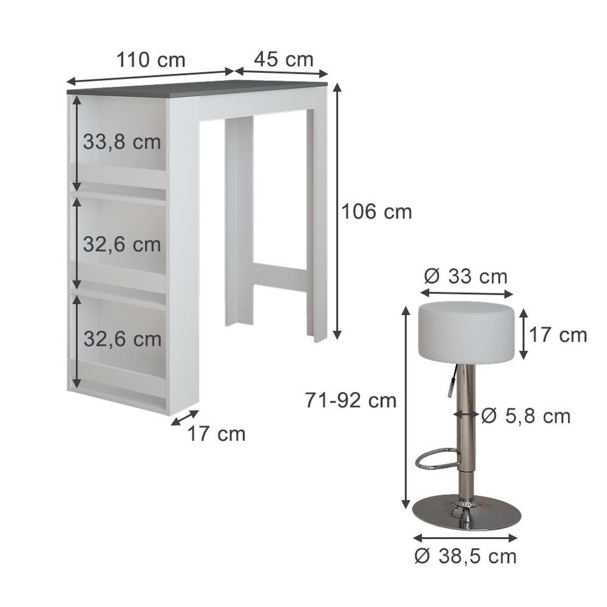 STOJACÍ BAROVÝ STŮL SE ŽIDLEMI Repose Bílá/antracitová - bílá, kompozitní dřevo (110/45/106cm) - Vicco