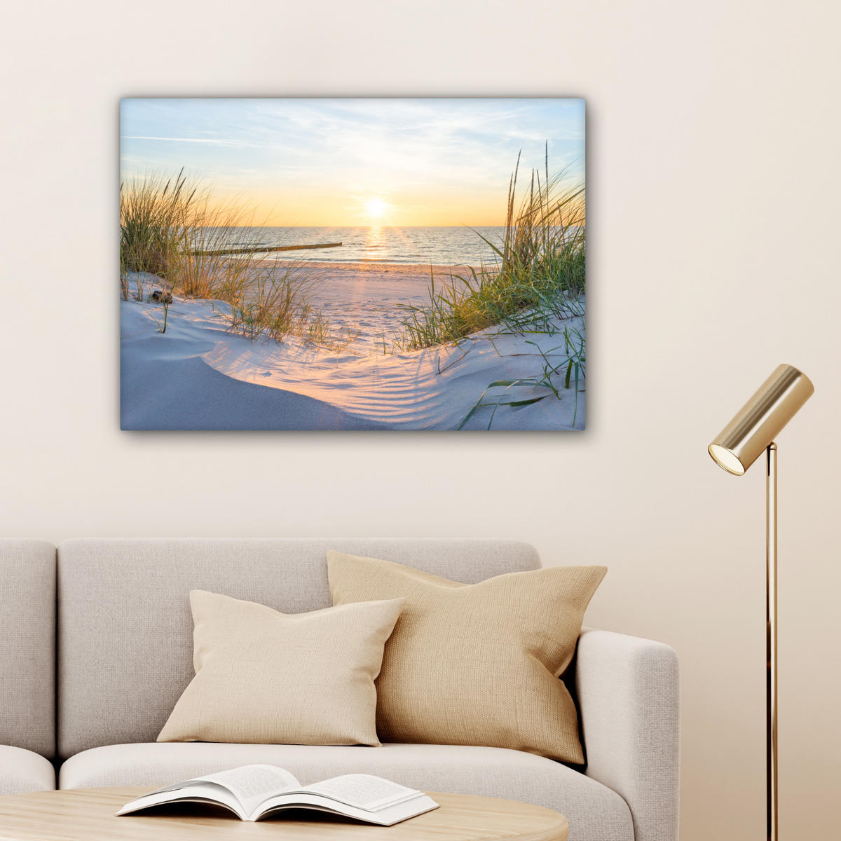 LEINWANDBILD Strand - Sonne - Düne - Gras - Sand - Horizont Wandbilder 80x60 cm - Hellblau, Textil (80/60cm) - MuchoWow