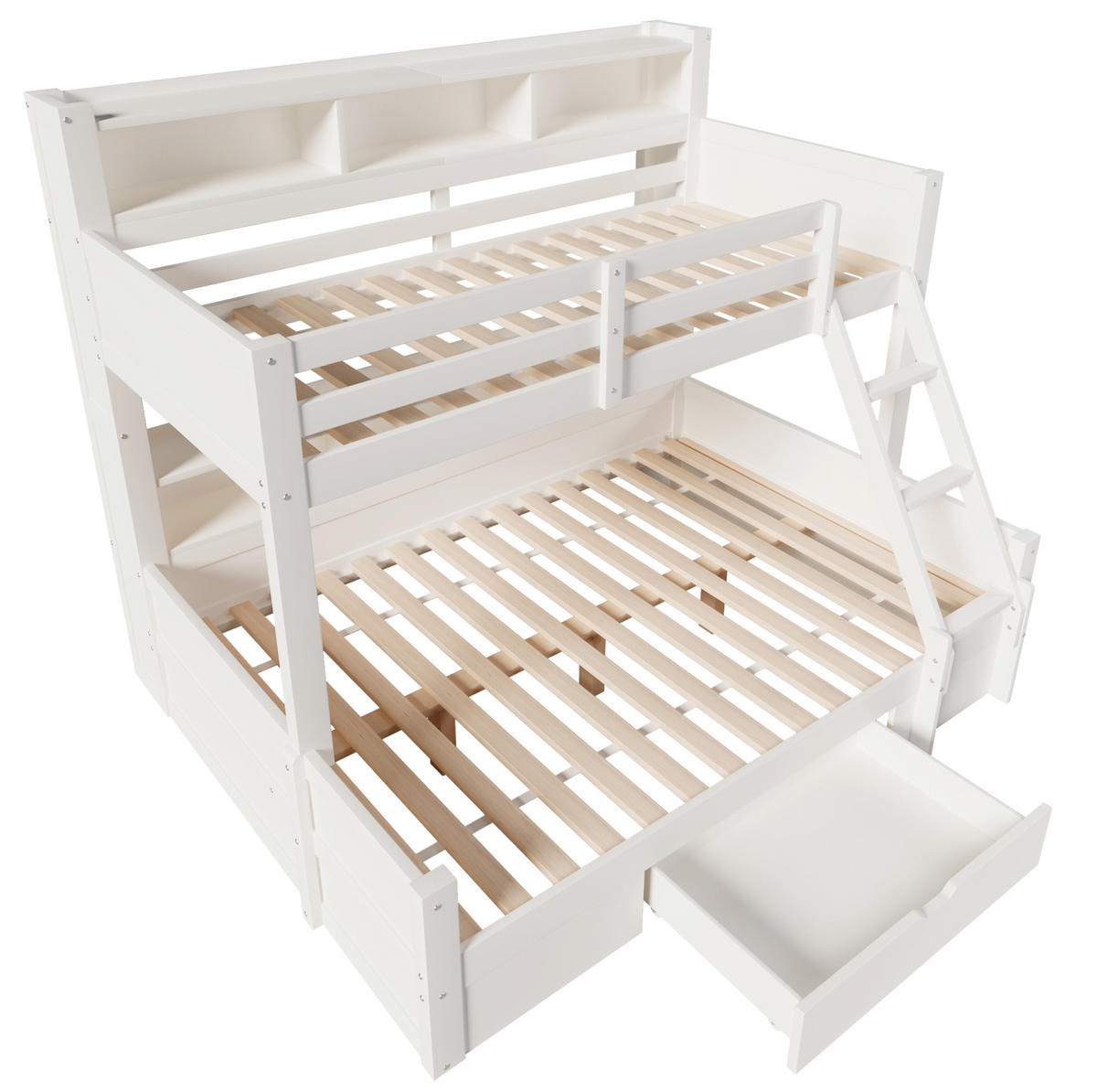 ETAGENBETT 90/200 cm + 140/200 cm mit LED-Beleuchtung, Stauraum, Schublade und variabler Leiter aus Massivholz, Weiß - Weiß, Holz (90/200cm) - Redom