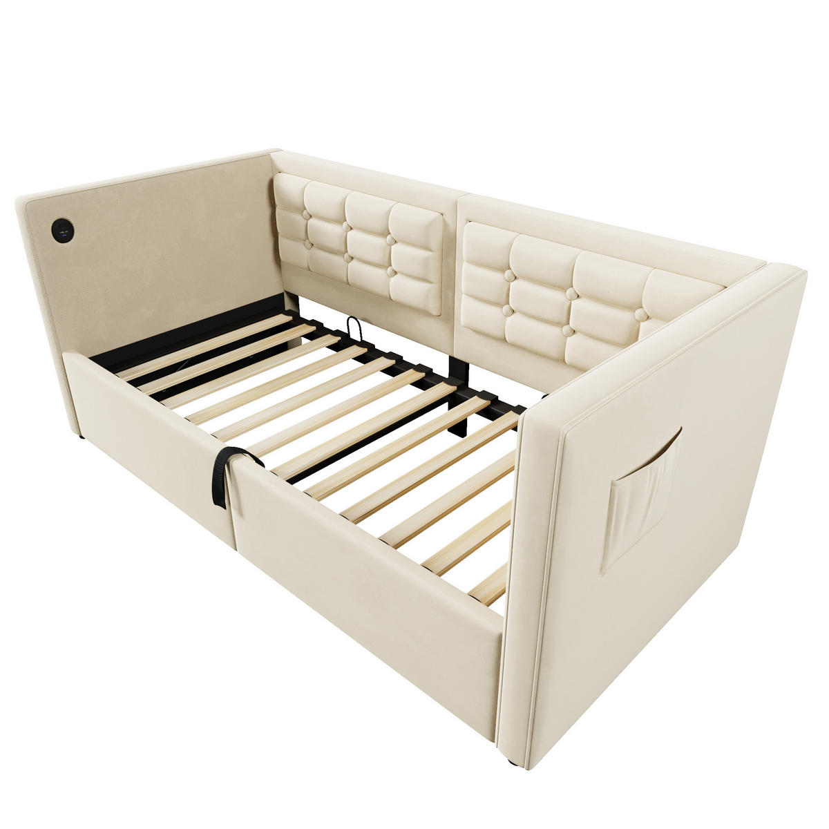 BETT 90/200 cm Beige mit hydraulischem Stauraum und USB- und Type-C-Anschlüssen - Beige, Textil (90/200cm) - OKWISH