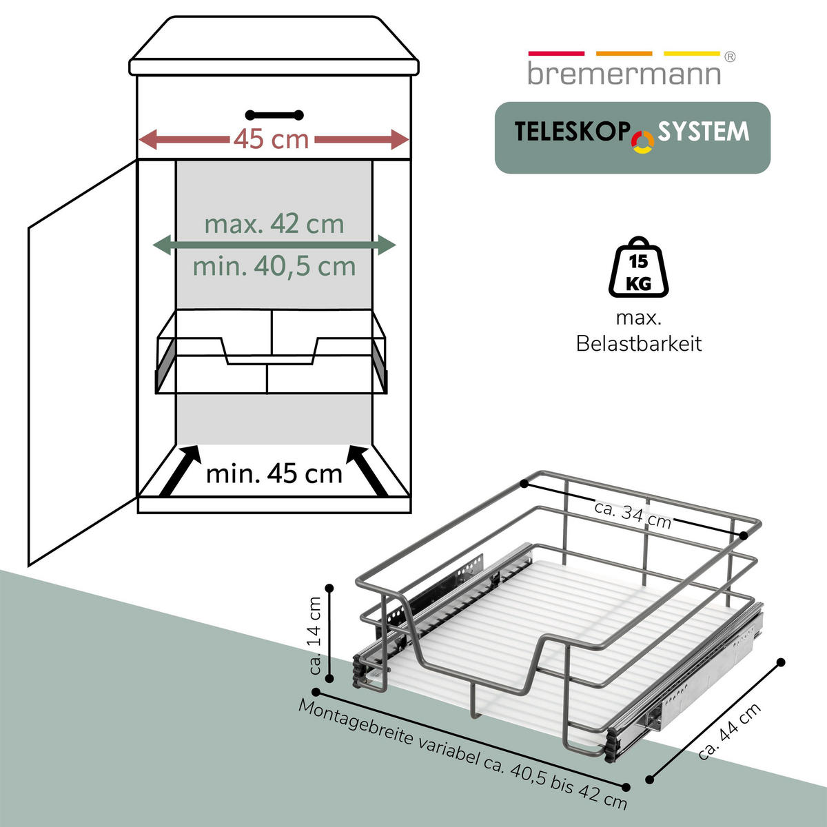 TELESKOPSCHUBLADE für 45 cm Schrank mit Einlegeboden, aus Metall, grau - Grau, Metall (42/14/44cm) - bremermann