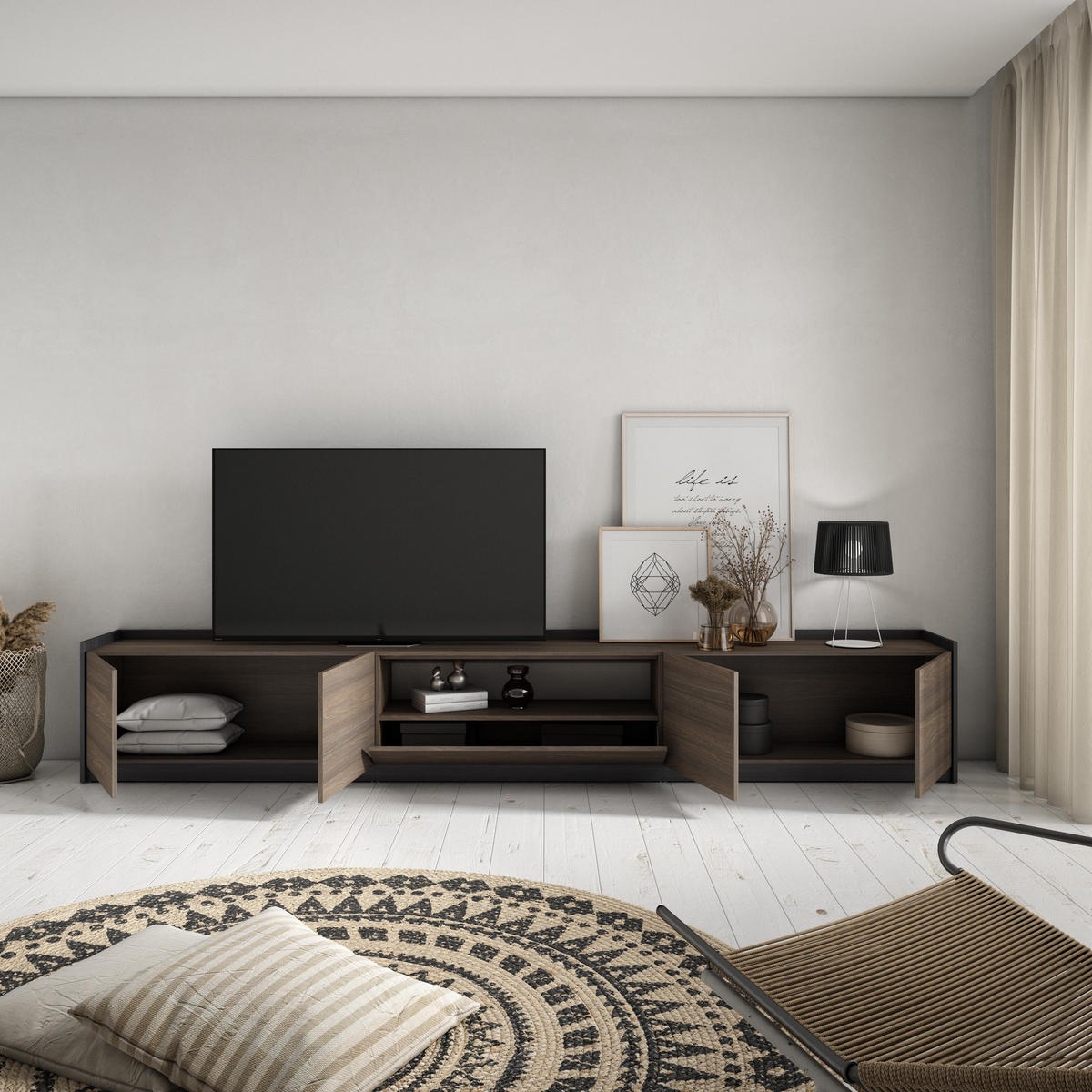 TV-SCHRANK, Lowboard, Dunkler Eiche und Schwarz, 310/37/50cm - Dunkelbraun, Holzwerkstoff (310/50/37cm) - Skraut Home