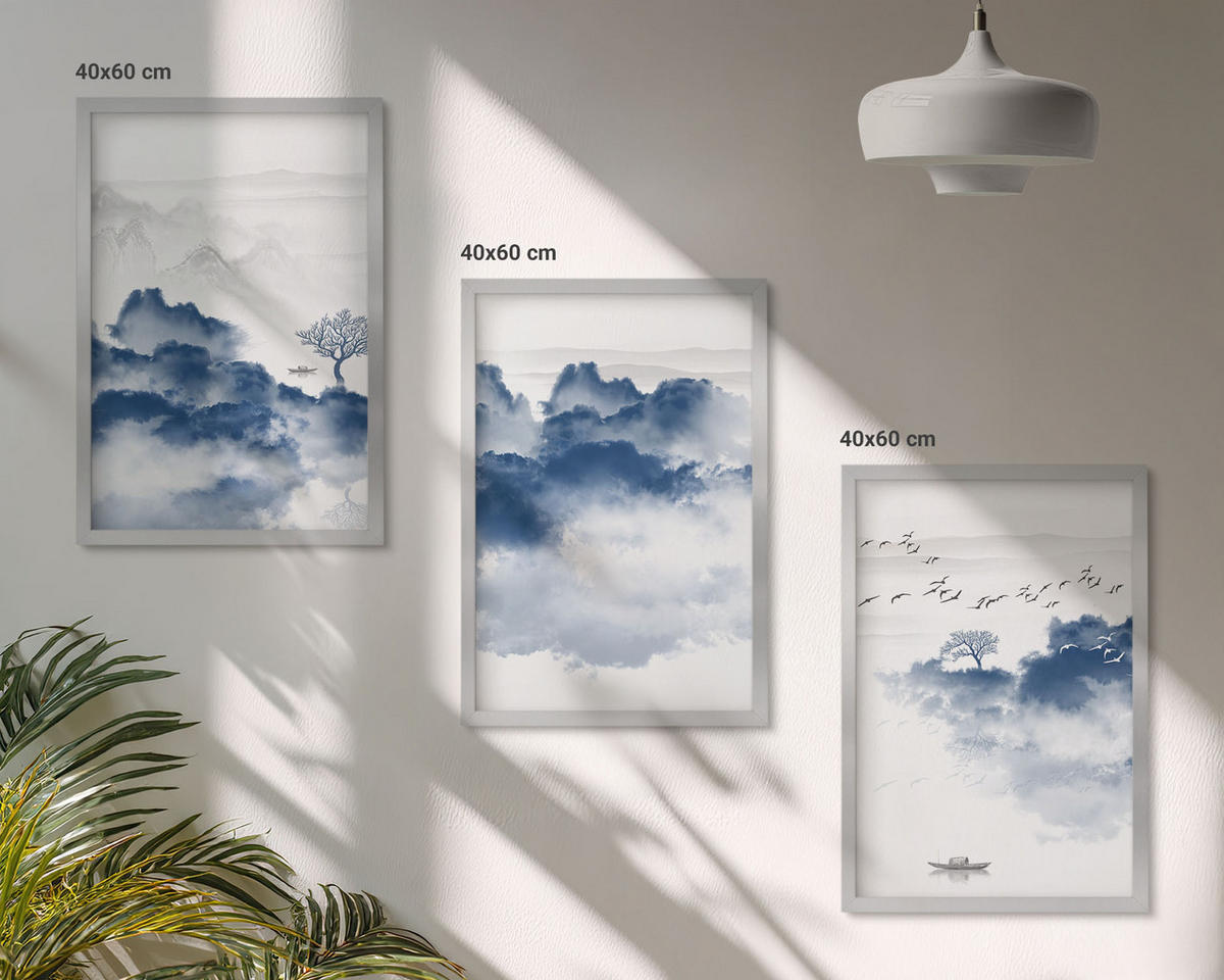 BILDER SET 3er Set - 40x60 cm Silberner Rahmen - Berge, Wolken, Bäume, Vögel - Silberfarben, Kunststoff (40/60cm) - TULUP