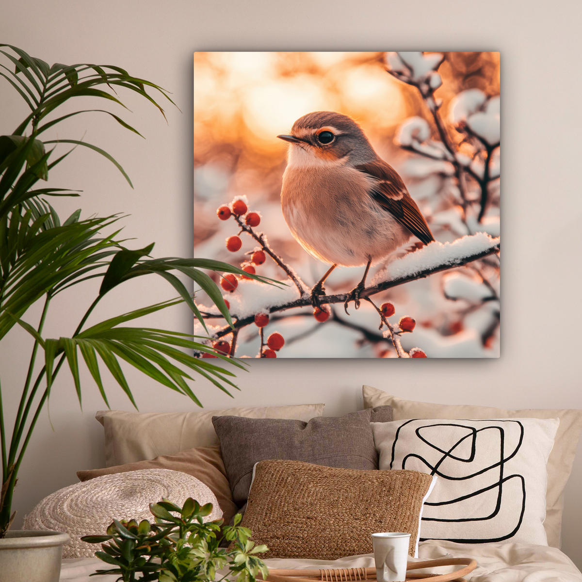 LEINWANDBILD Vogel - Zweig - Winter - Tiere - Schnee 90x90 cm - Bernsteinfarben, Textil (90/90cm) - MuchoWow