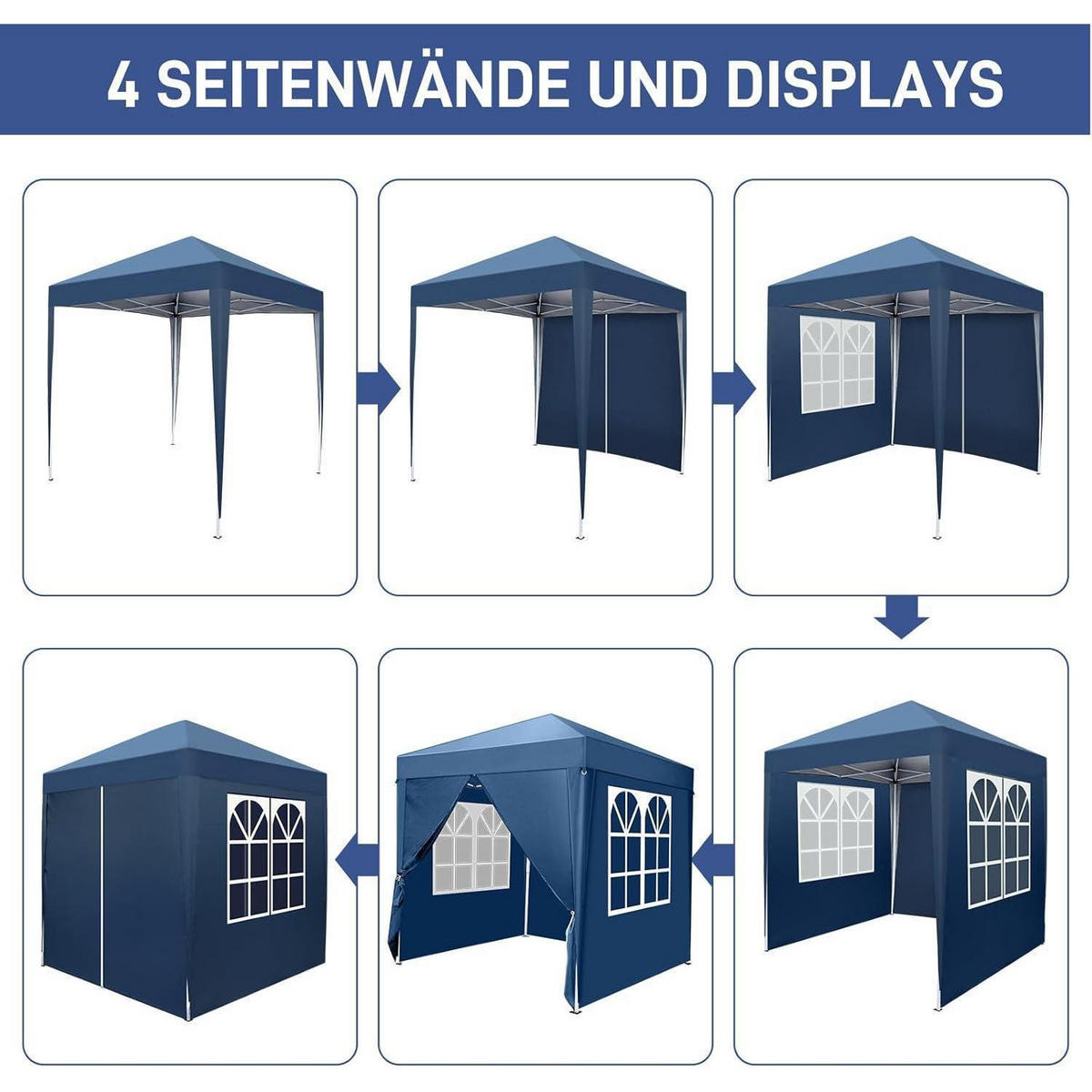 FALTPAVILLON 2 x 2 m blau mit 4 Seitenteilen - Blau, Textil (200/245/200cm)