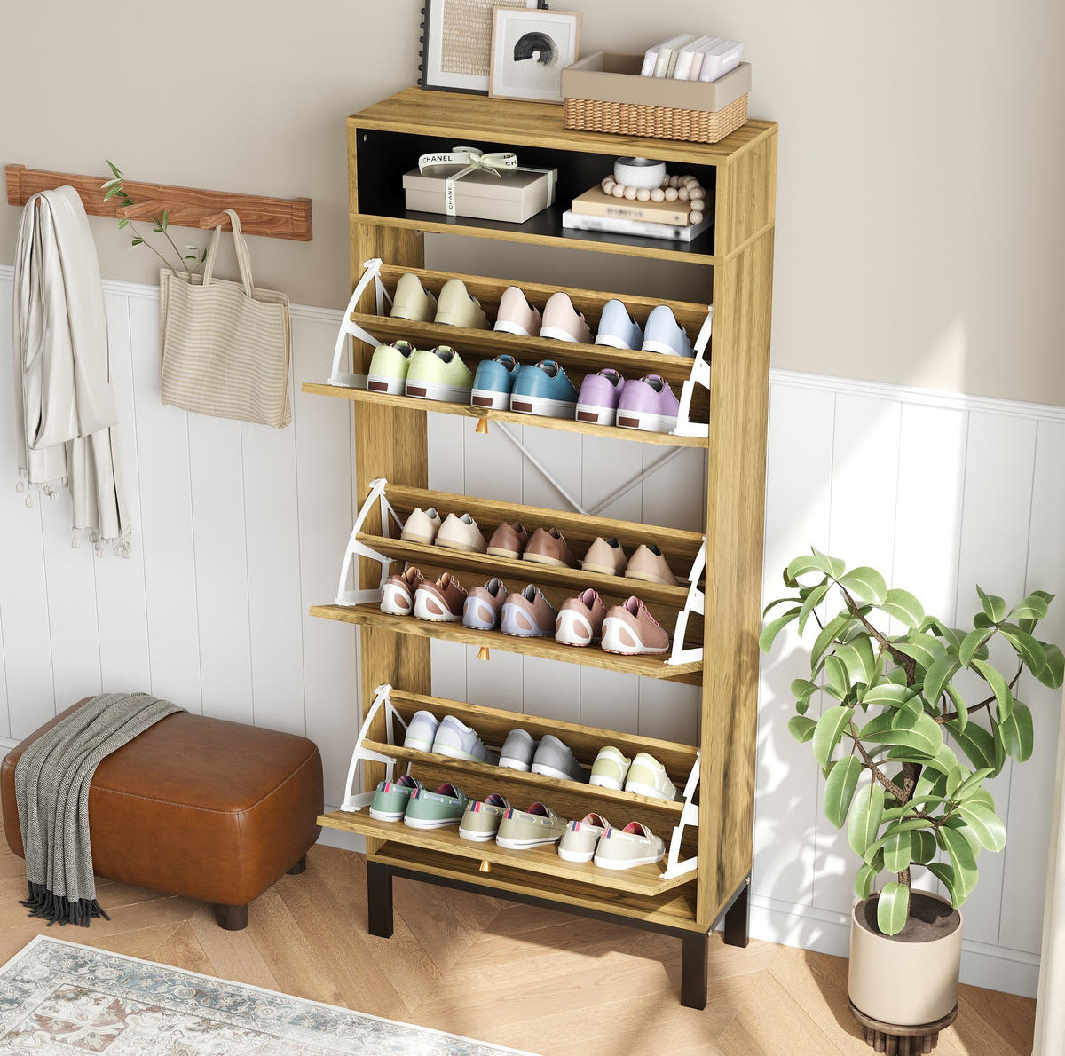 SCHUHSCHRANK aus MDF 63x24x147cm in Natur mit 3 Klappen - Naturfarben, Holzwerkstoff (63/147/24cm) - Modfu