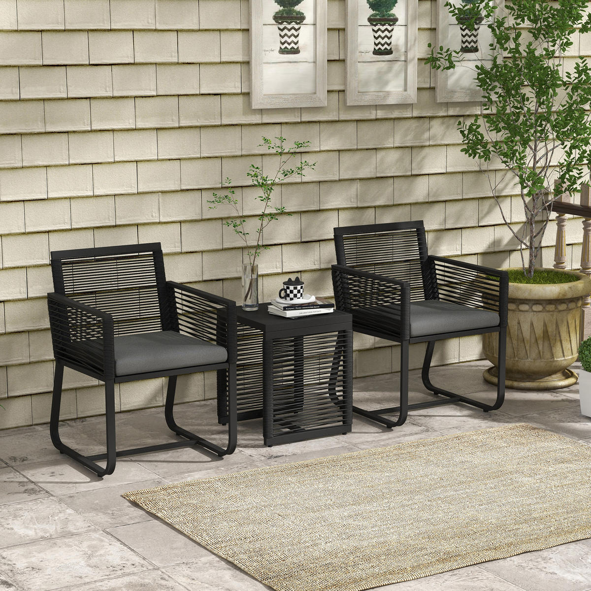 RATTAN-STUHL Schwarz 57.0/53.0/77.0cm - Schwarz, Kunststoff (53/77/57cm)