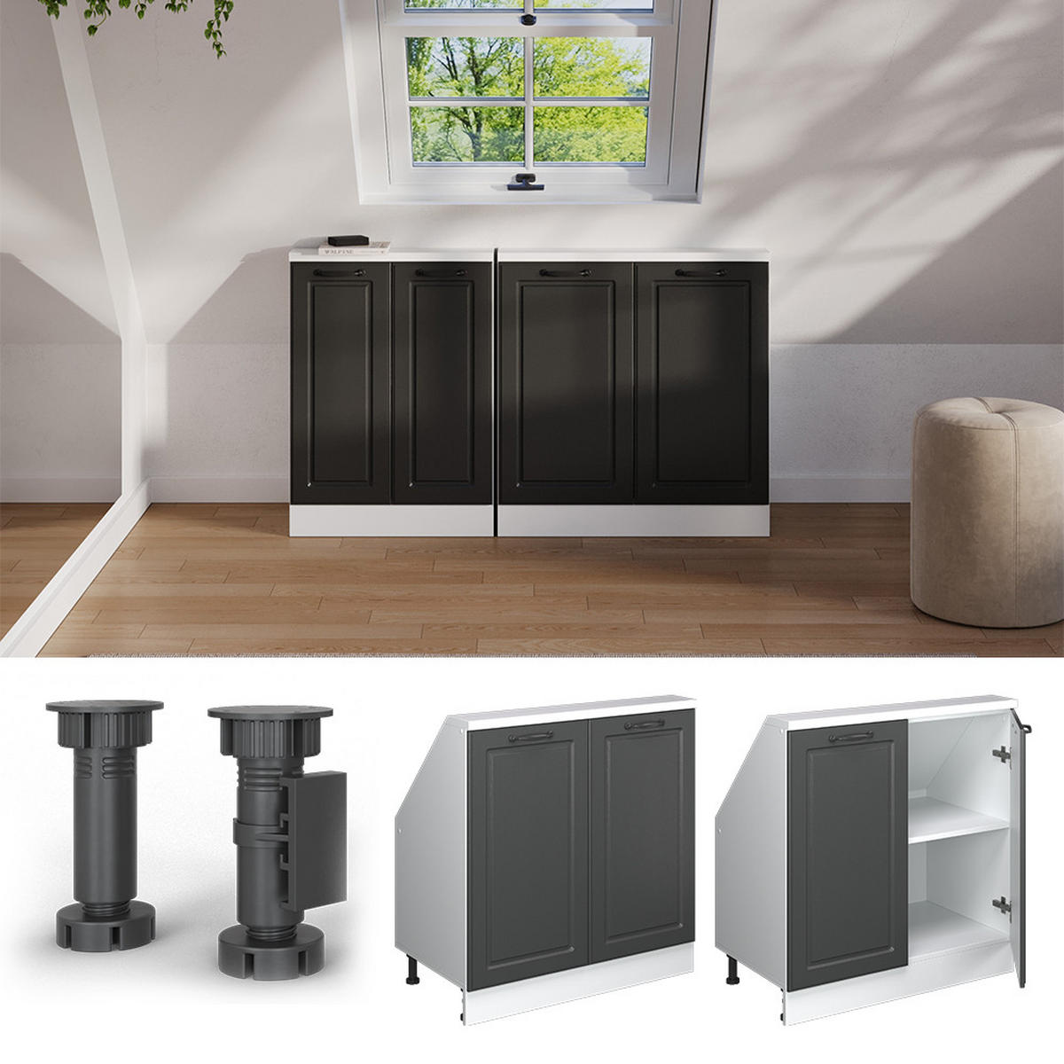 KUCHYŇSKÁ SKŘÍŇKA POD ŠIKMOU STŘECHU R-Line Antracitový venkovský dům/bílá - bílá/antracitová, kompozitní dřevo (80/81.6/46cm) - Vicco