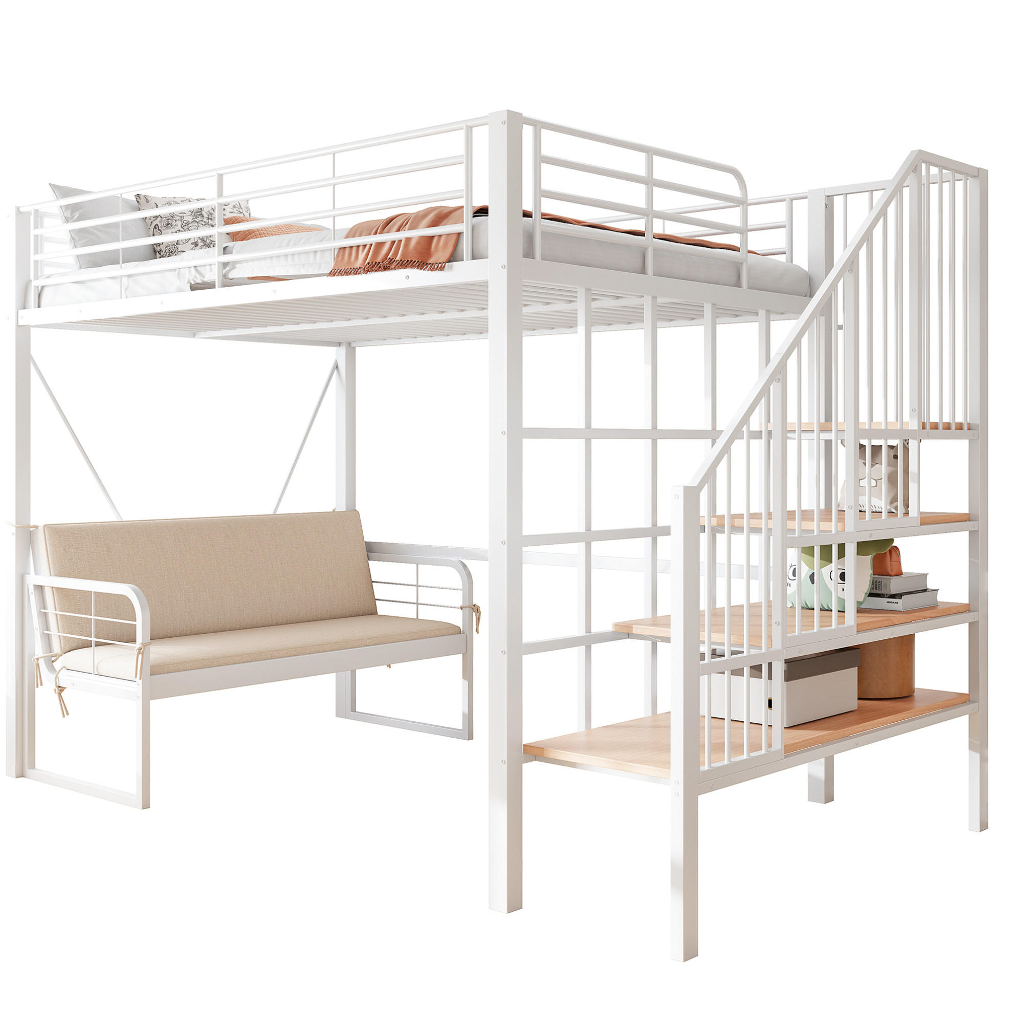 HOCHBETT 140/200 cm aus Metall/MDF mit Stauraumtreppe und abnehmbarem Polstersofa Weiß - Weiß, Metall (140/200cm) - Modenvie