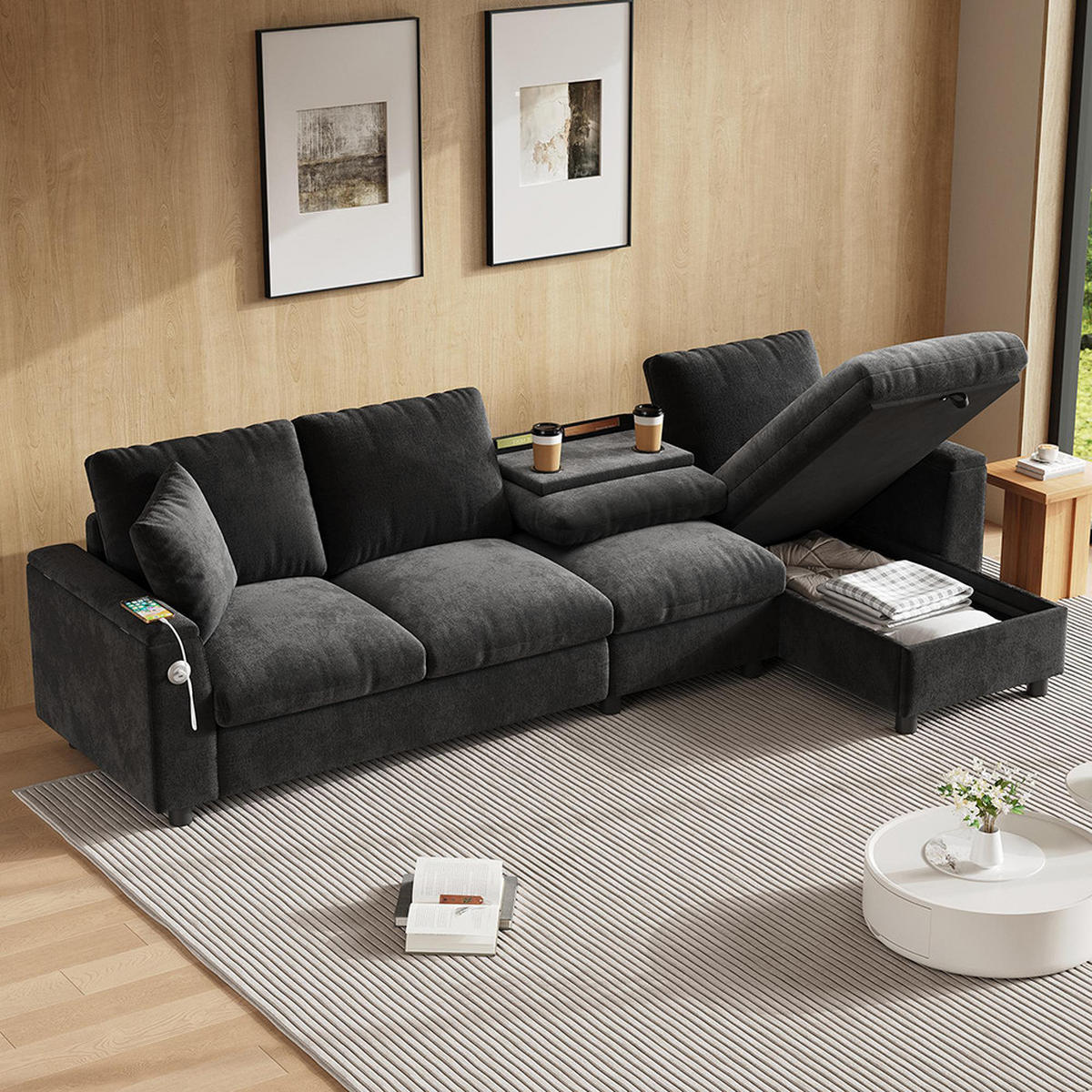 ECKSOFA L-förmige Ecke und zwei Armlehnen mit Stauraum,Chenille-Stoff,Grau - Grau, Textil (137/280cm) - KOMHTOM