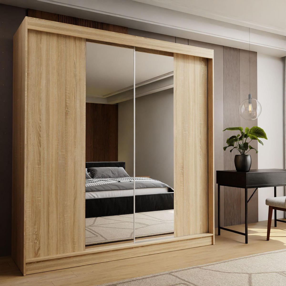 SCHWEBETÜRENSCHRANK LUCENZA 200/216/61 cm 2-türig mit Spiegel Sonoma Eiche - Sonoma Eiche, Holzwerkstoff (200/216/61cm) - MASSENO
