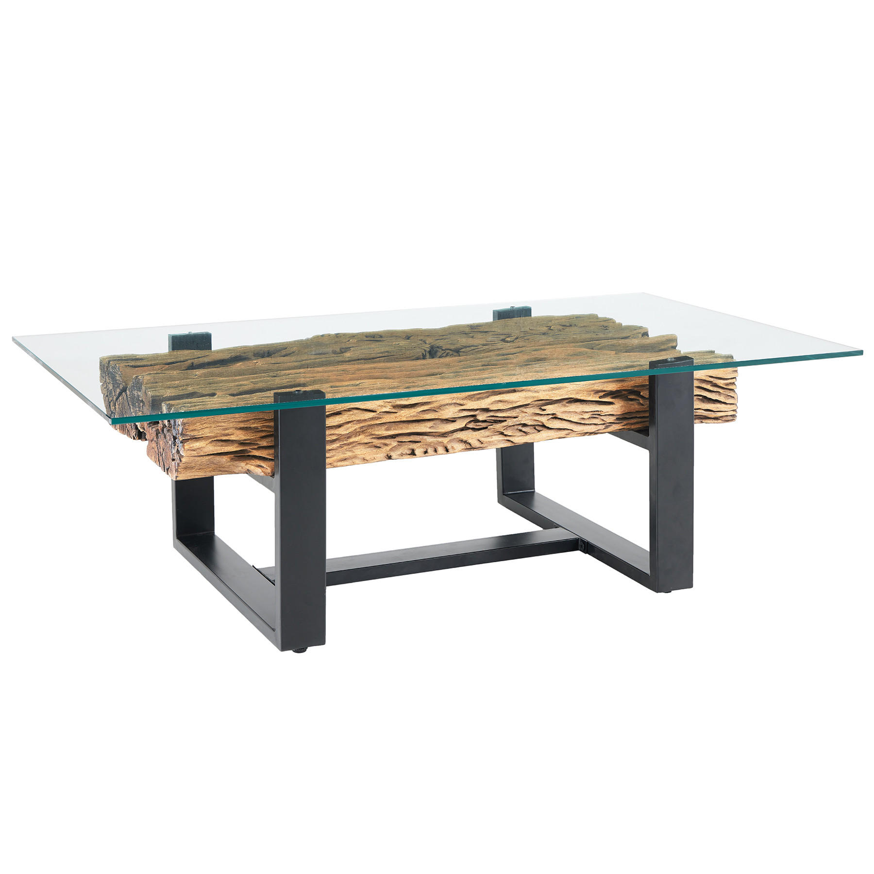 COUCHTISCH BARRACUDA Teakholz rechteckig Natur|Transparent|Schwarz 130cm - Transparent/Schwarz, Glas/Holz (70/130/42cm) - riess-ambiente