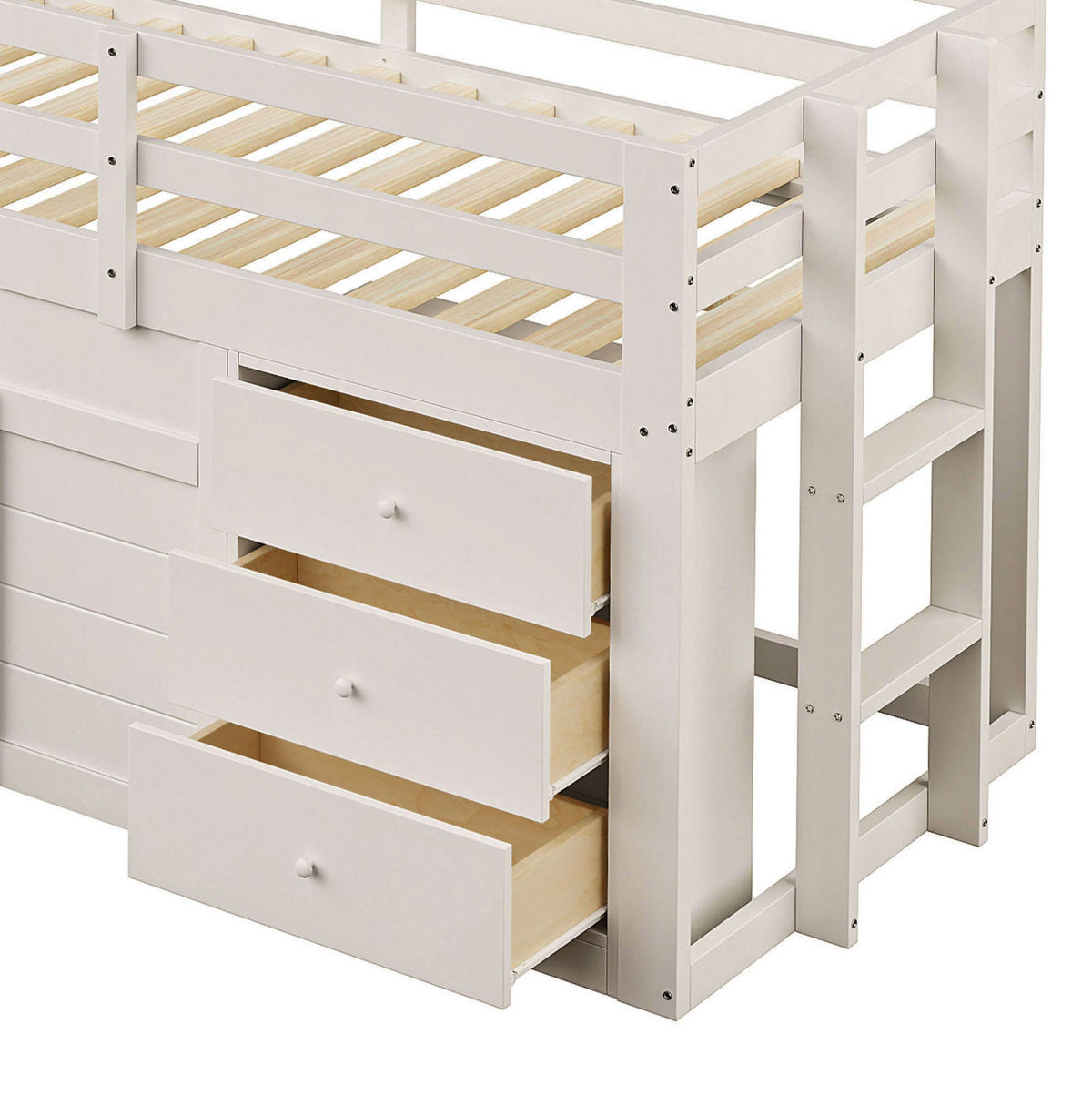 VISOKA postelja 90/200 cm krem iz MDF in bora s toboganom ter 3 predali in 2 vrati - bela, leseni material (90/200cm) - OKWISH