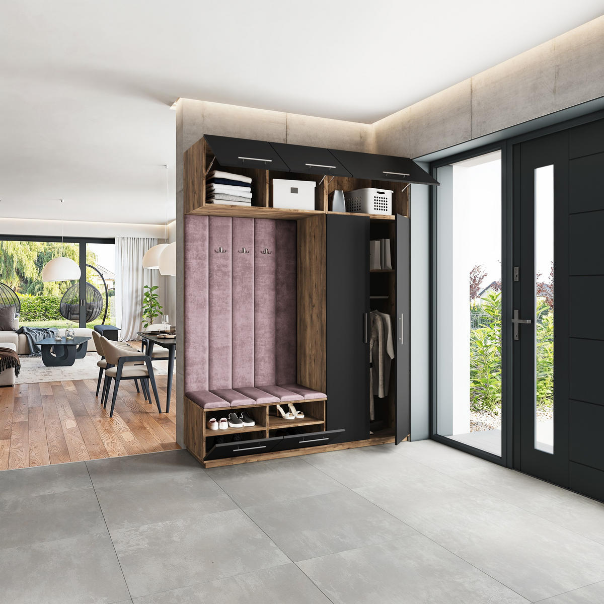 GARDEROBENSCHRANK REMA 180/240/60 cm Modern Garderobe-Set Eiche Lefkas - Eichefarben/Lila, Holzwerkstoff (180/240/60cm) - MASSENO