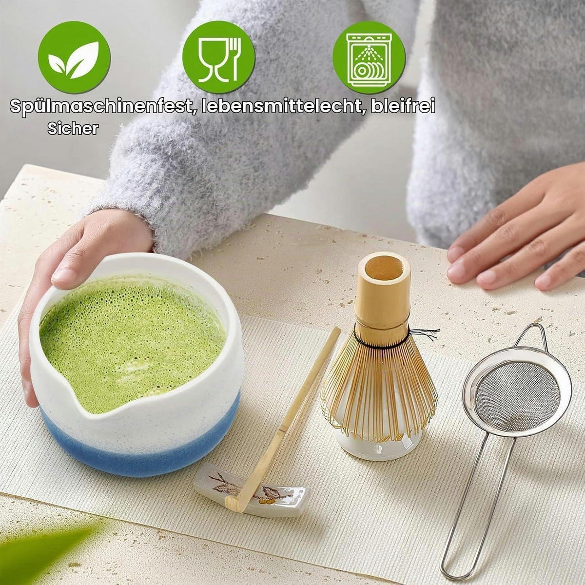 MATCHA Set 5-teiliges Set mit Schale und Bambusbesen (Blue) - Blau, Keramik (18.2/12.7/20.5cm)
