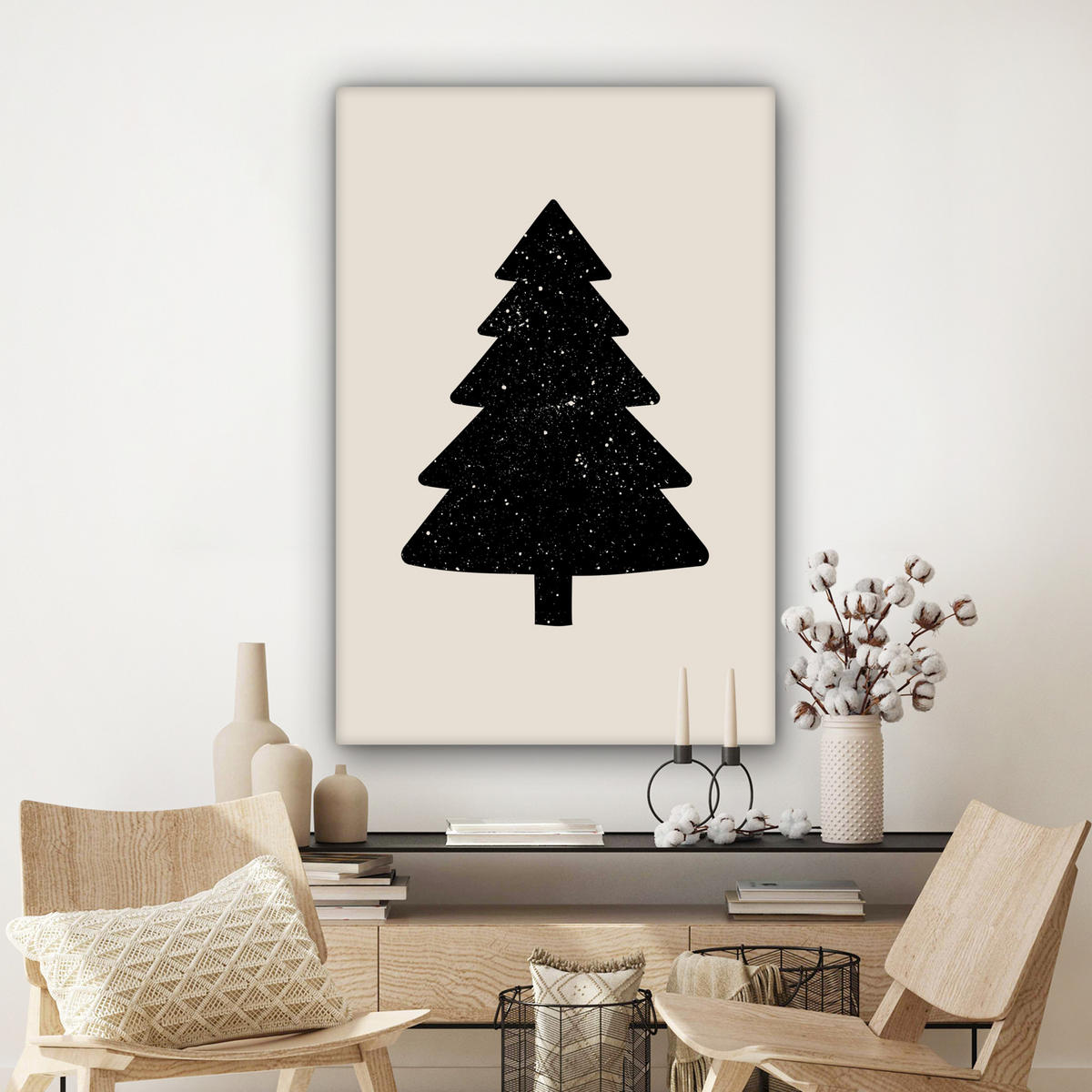 LEINWANDBILD Weihnachtsbaum - Schwarz - Urlaub - Beige 90x140 cm - Schwarz, Textil (90/140cm) - MuchoWow