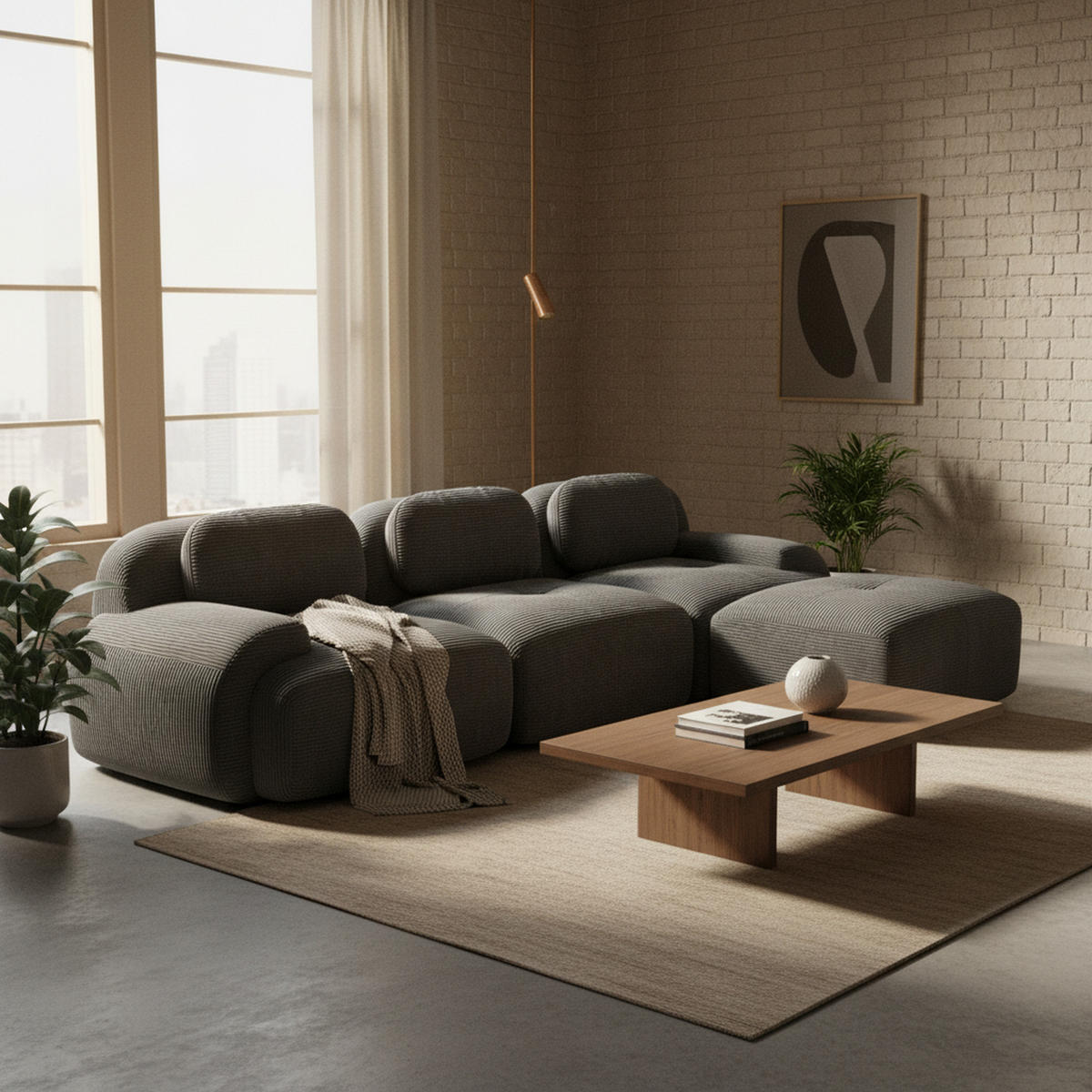 ECKSOFA in cordstoff grau rahmenloses design & modular - Grau, Textil (178/298cm) - Urban Meuble