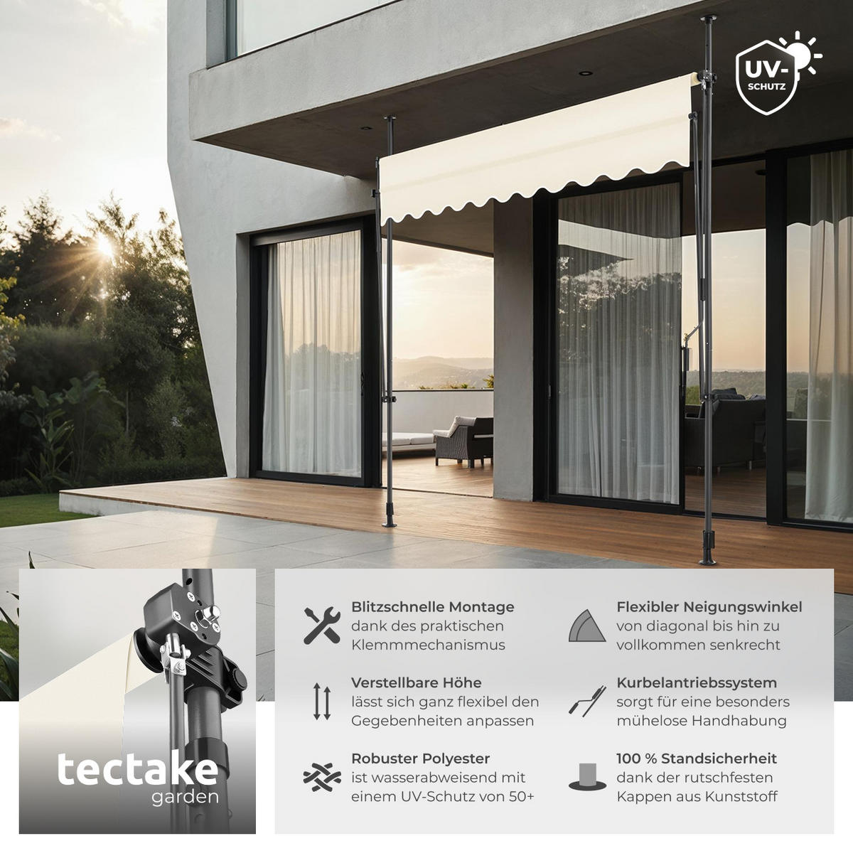 KLEMMMARKISE ,einfache Montage,beige - Beige, Kunststoff (250/304/180cm) - tectake