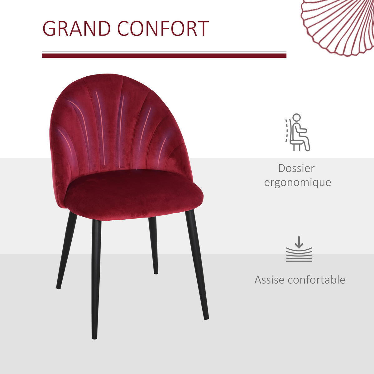 ESSZIMMERSTÜHLE 2er-Set DE-13181 Muscheldesign & Velours Bordeaux - Bordeaux, Metall (54/79/52cm) - ComfortXL
