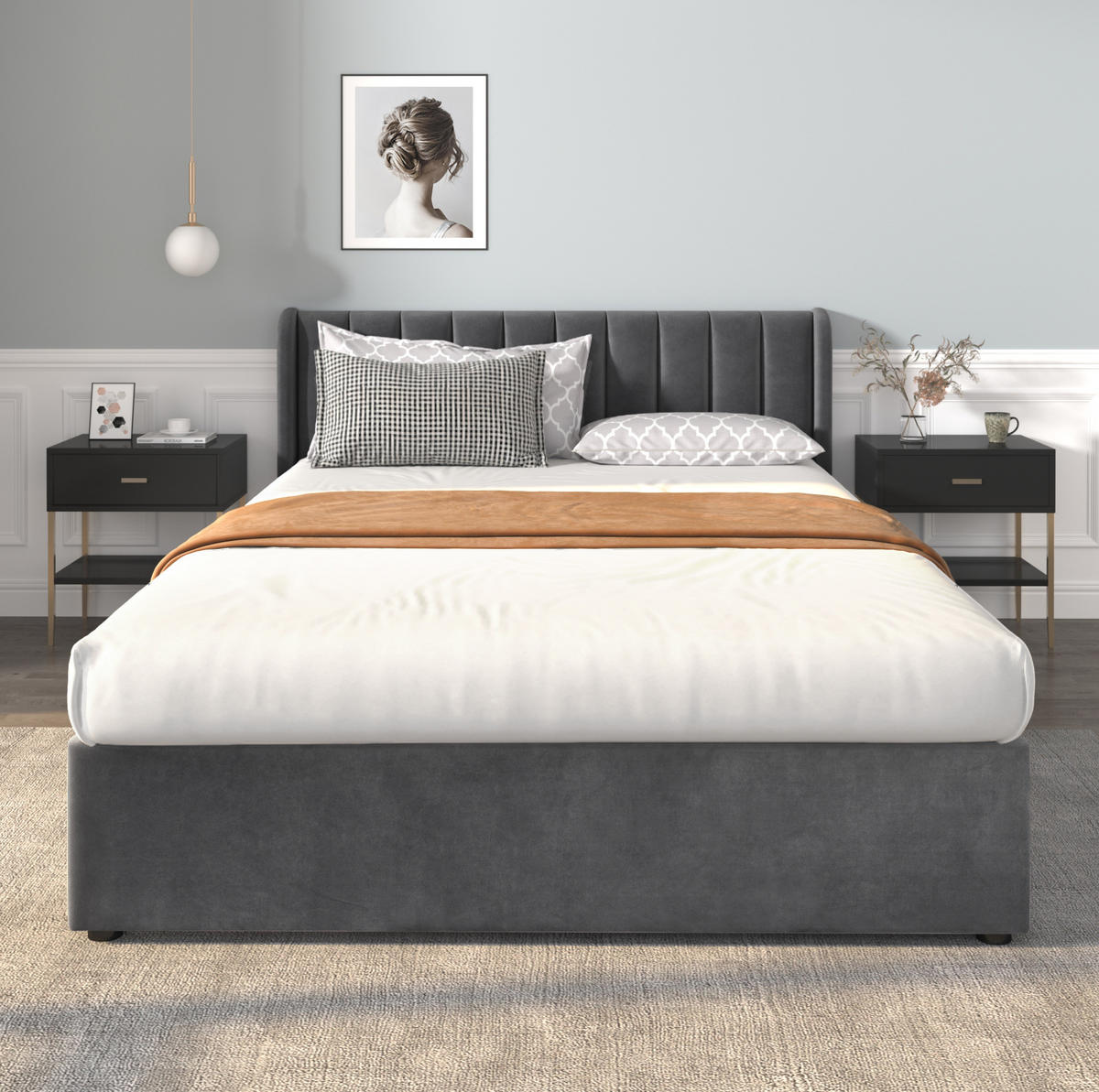 POLSTERBETT aus Samt 160x200 cm in Grau mit Lattenrost & 2 Schubladen - Grau, Textil (160/200cm) - Modfu
